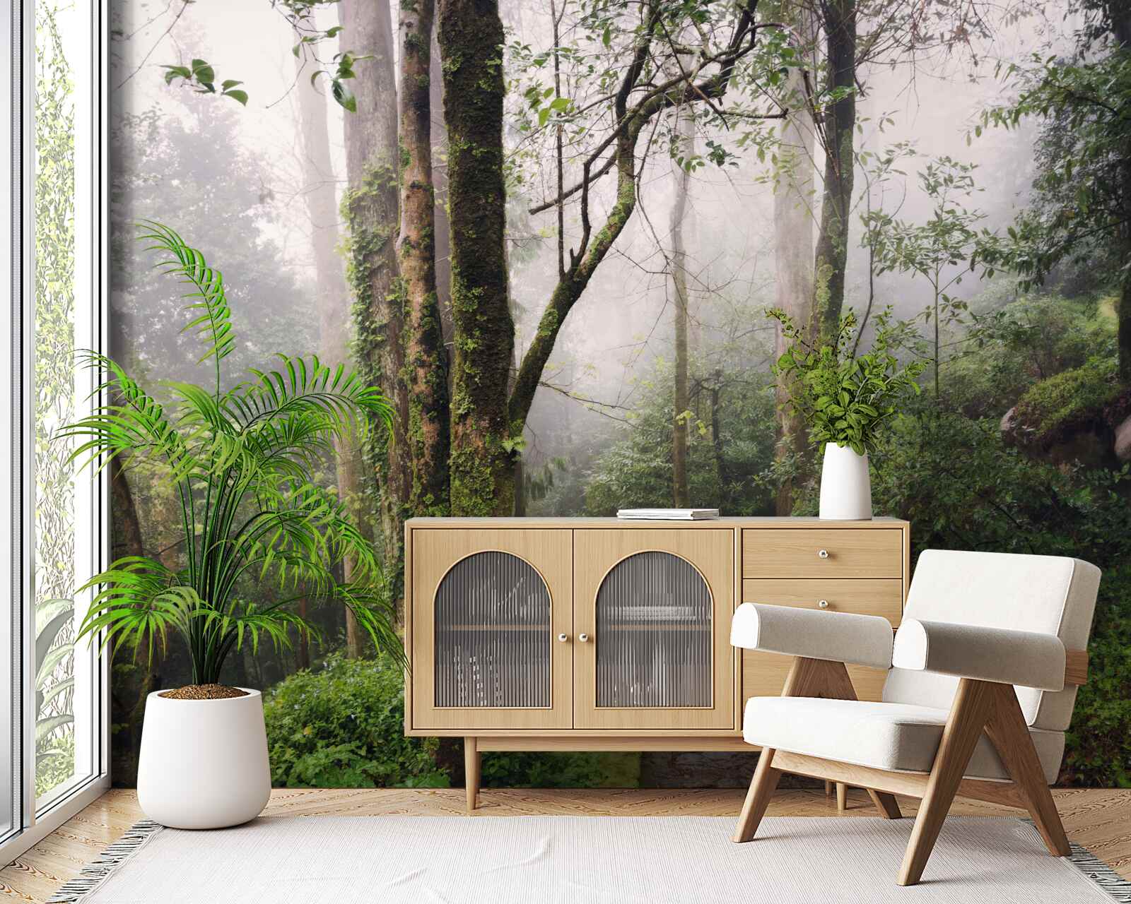 Fotobehang Pad door een groen liggend bos