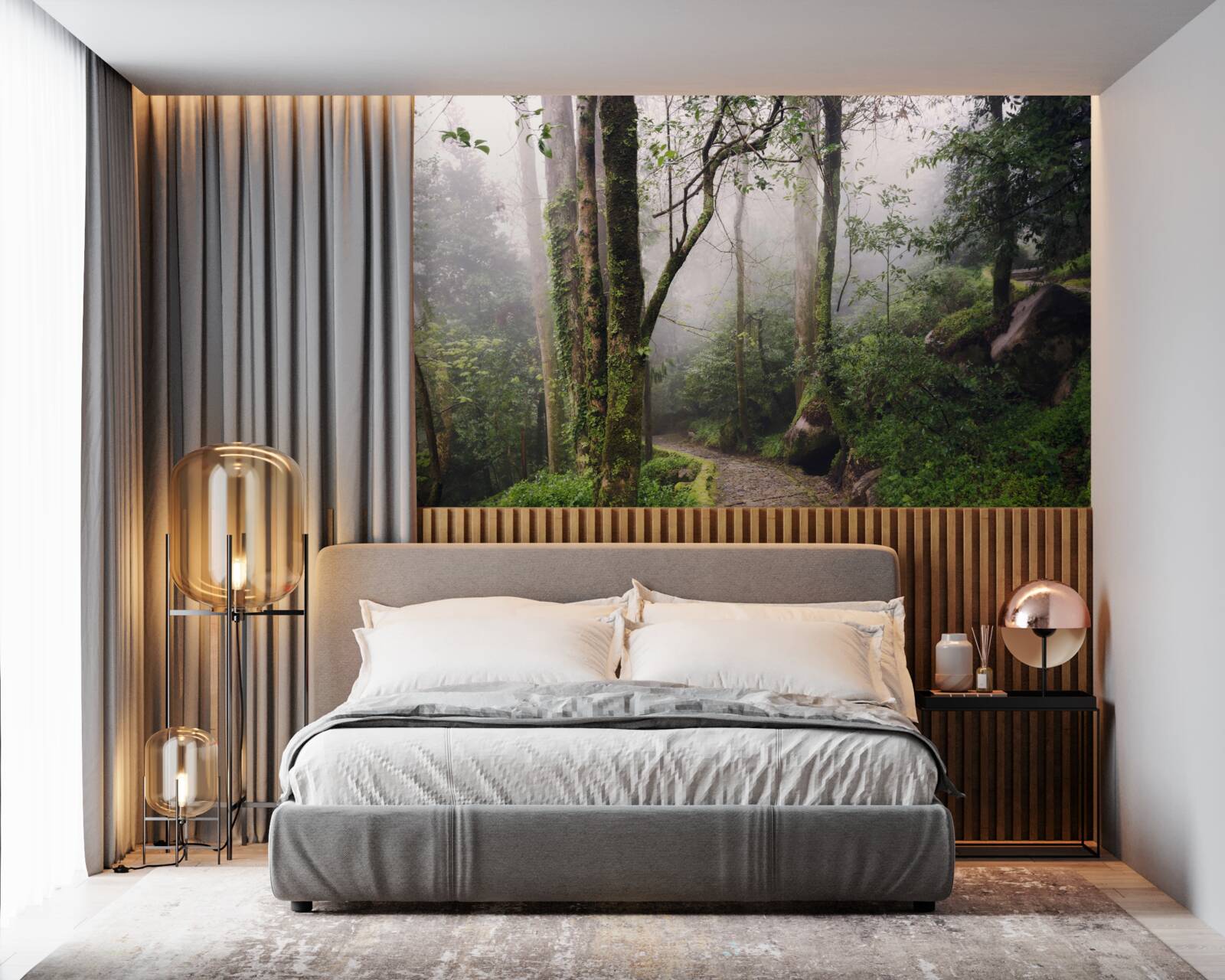 Fotobehang Pad door een groen liggend bos