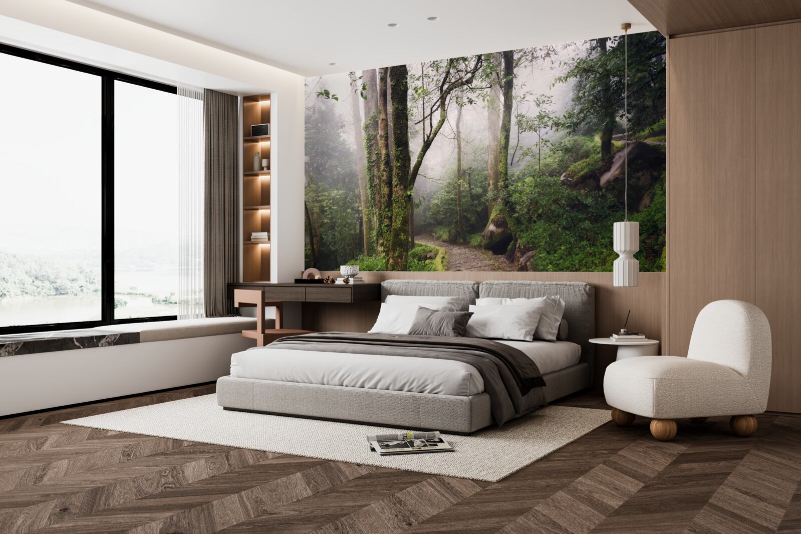 Fotobehang Pad door een groen liggend bos