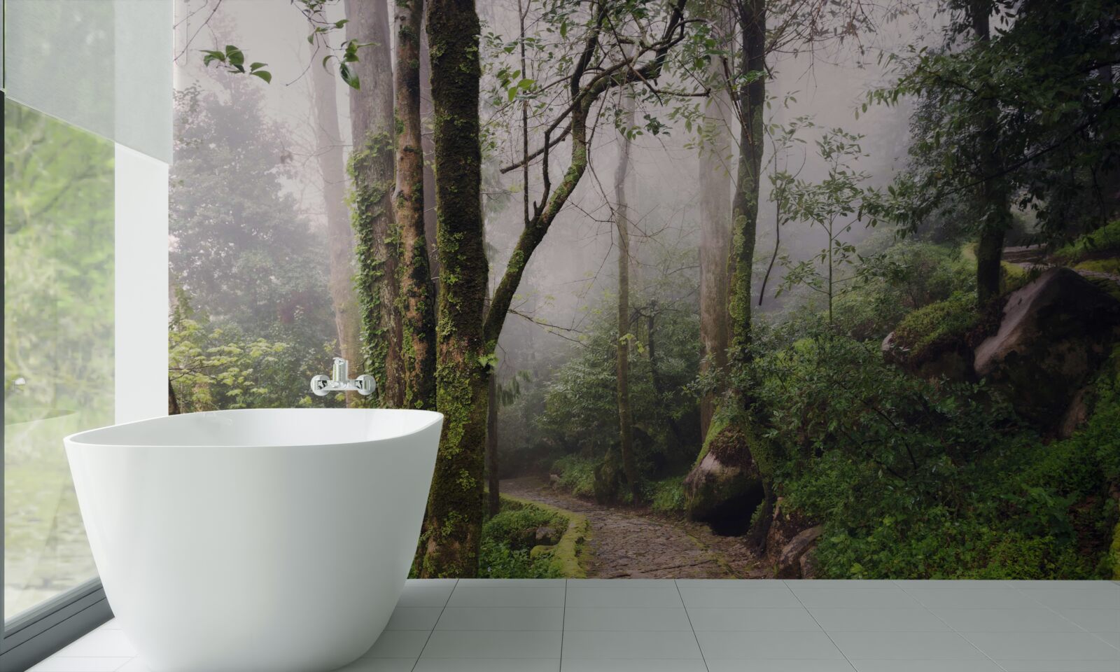 Fotobehang Pad door een groen liggend bos