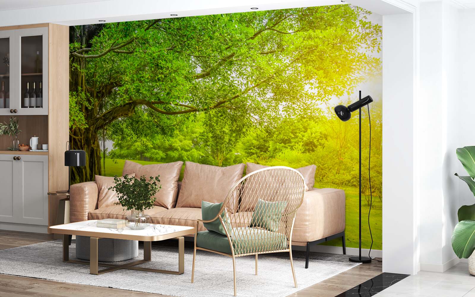 Fotobehang heldere open plek, verlicht door de zon en opvallend door zijn groene kleur