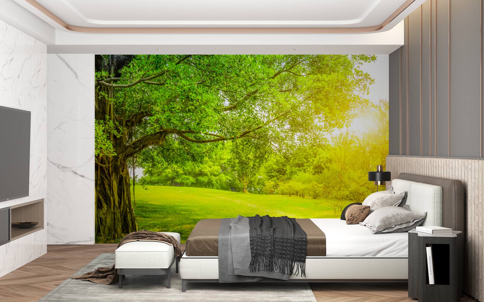 Fotobehang heldere open plek, verlicht door de zon en opvallend door zijn groene kleur