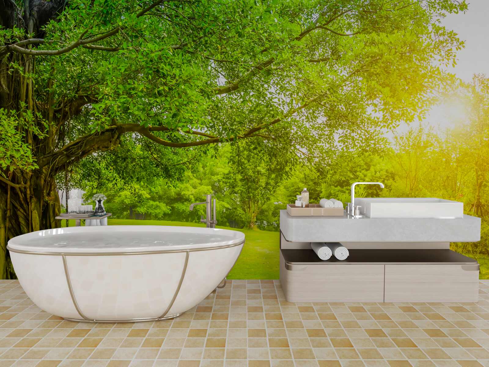 Fotobehang heldere open plek, verlicht door de zon en opvallend door zijn groene kleur