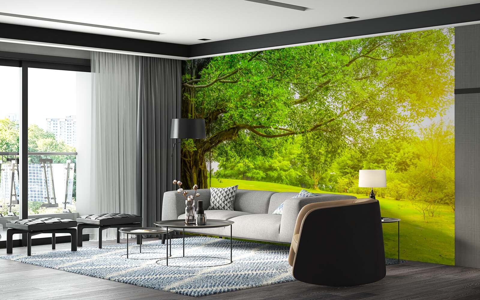 Fotobehang heldere open plek, verlicht door de zon en opvallend door zijn groene kleur