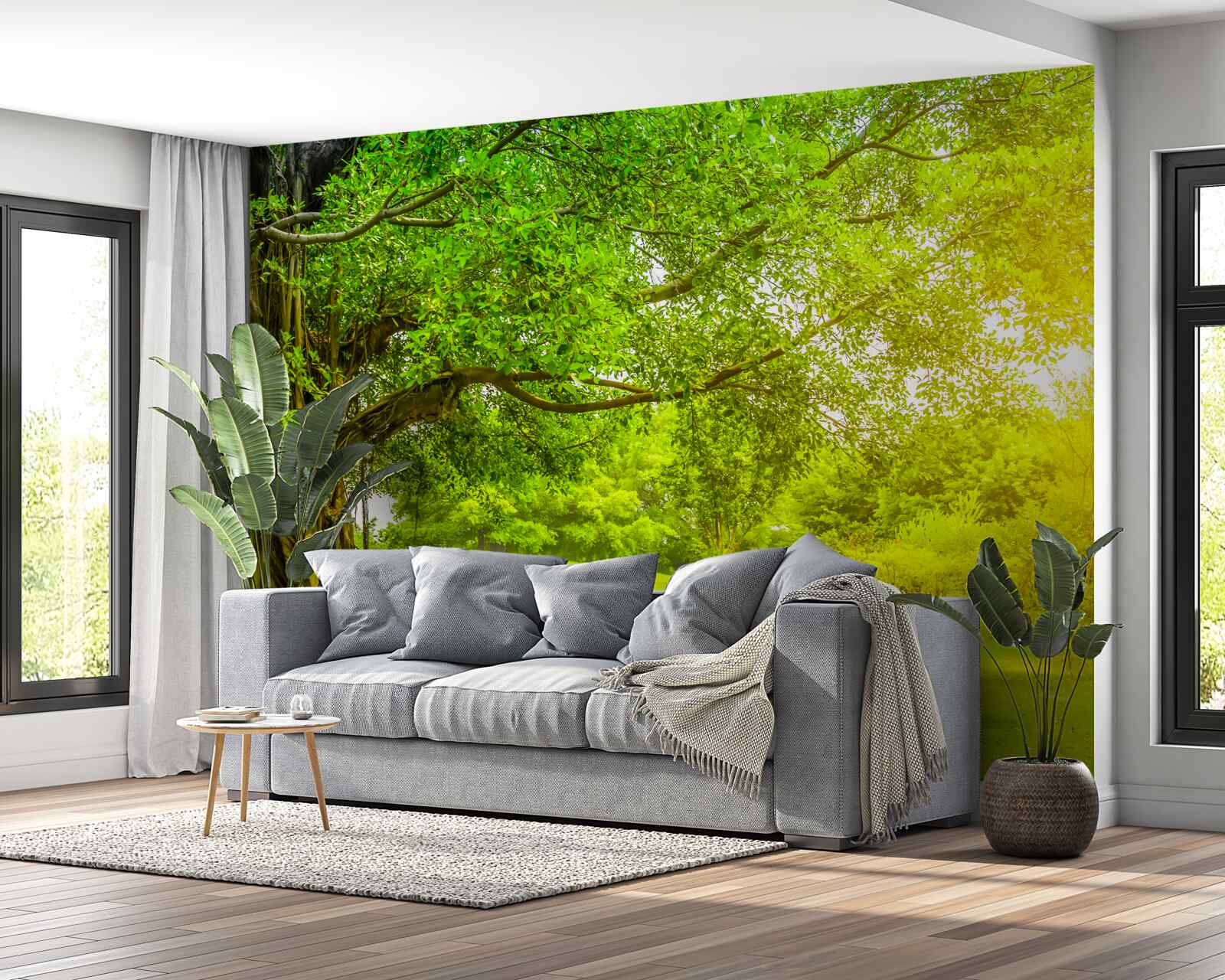 Fotobehang heldere open plek, verlicht door de zon en opvallend door zijn groene kleur