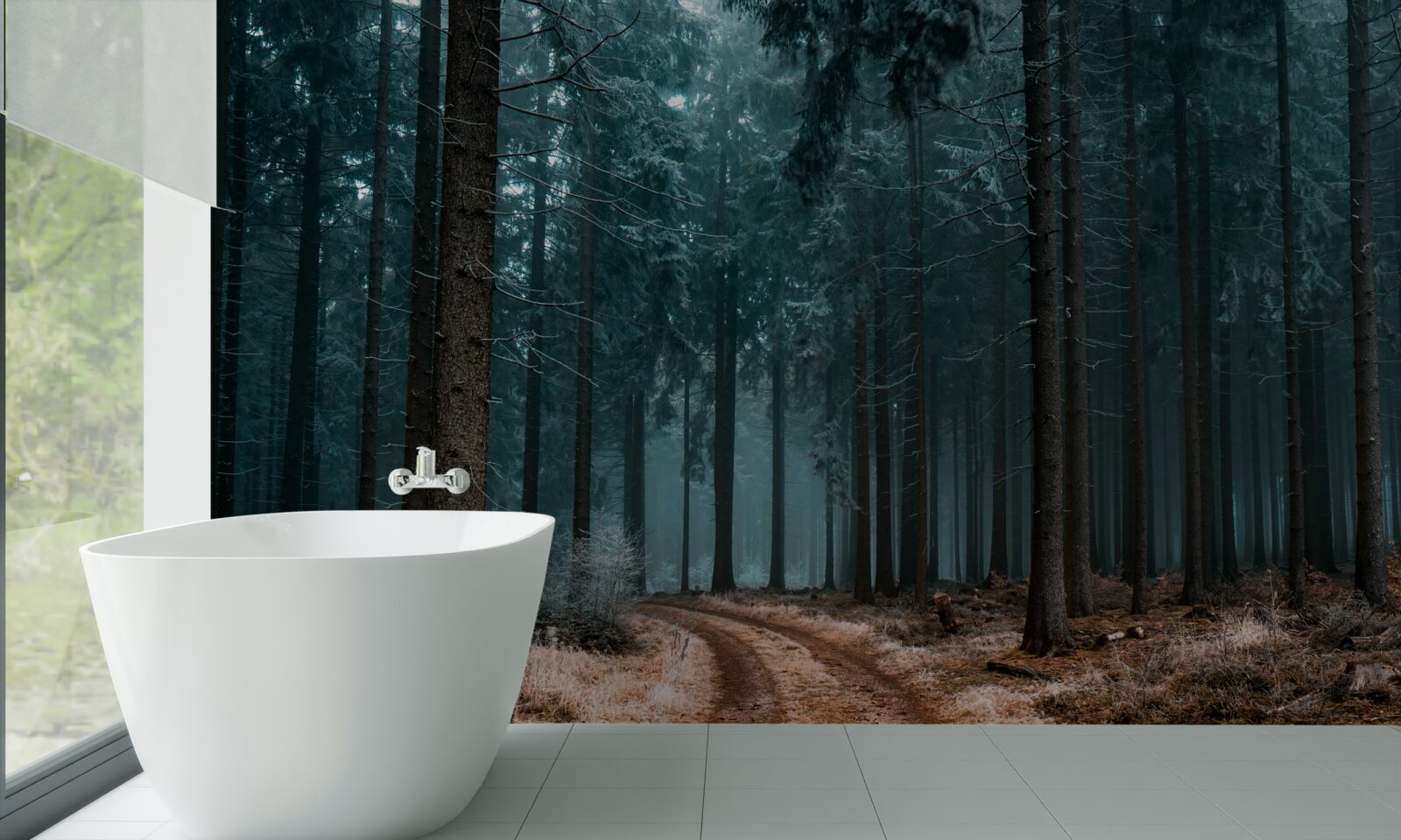 Fotobehang waardevol pad in het dichte mistige bos