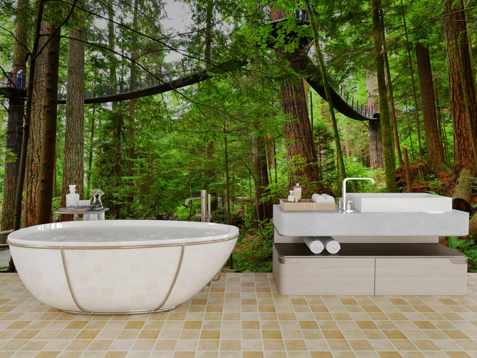 Fotobehang hangende toeristische brug omgeven door bos