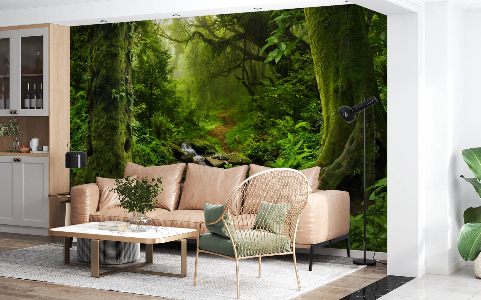 Fotobehang Dageraad boven een waterval midden in het bos