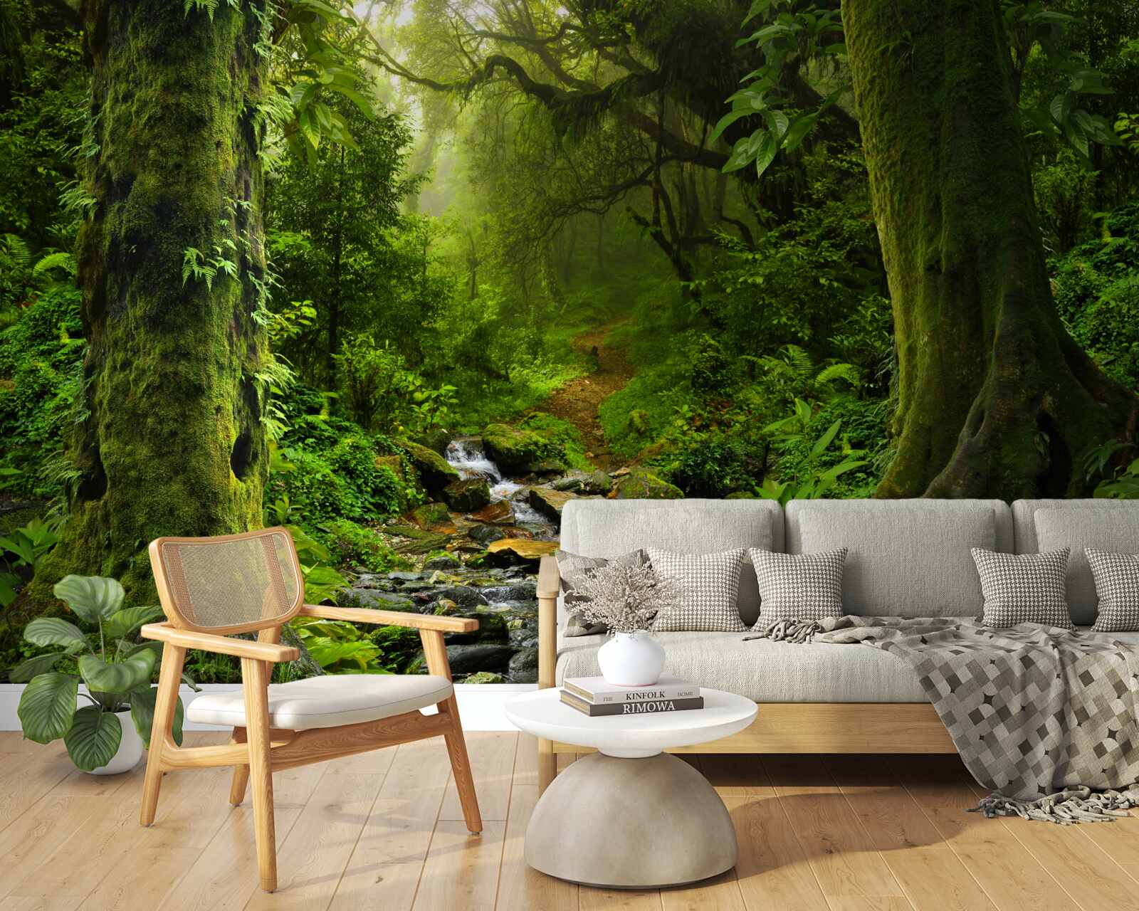 Fotobehang Dageraad boven een waterval midden in het bos