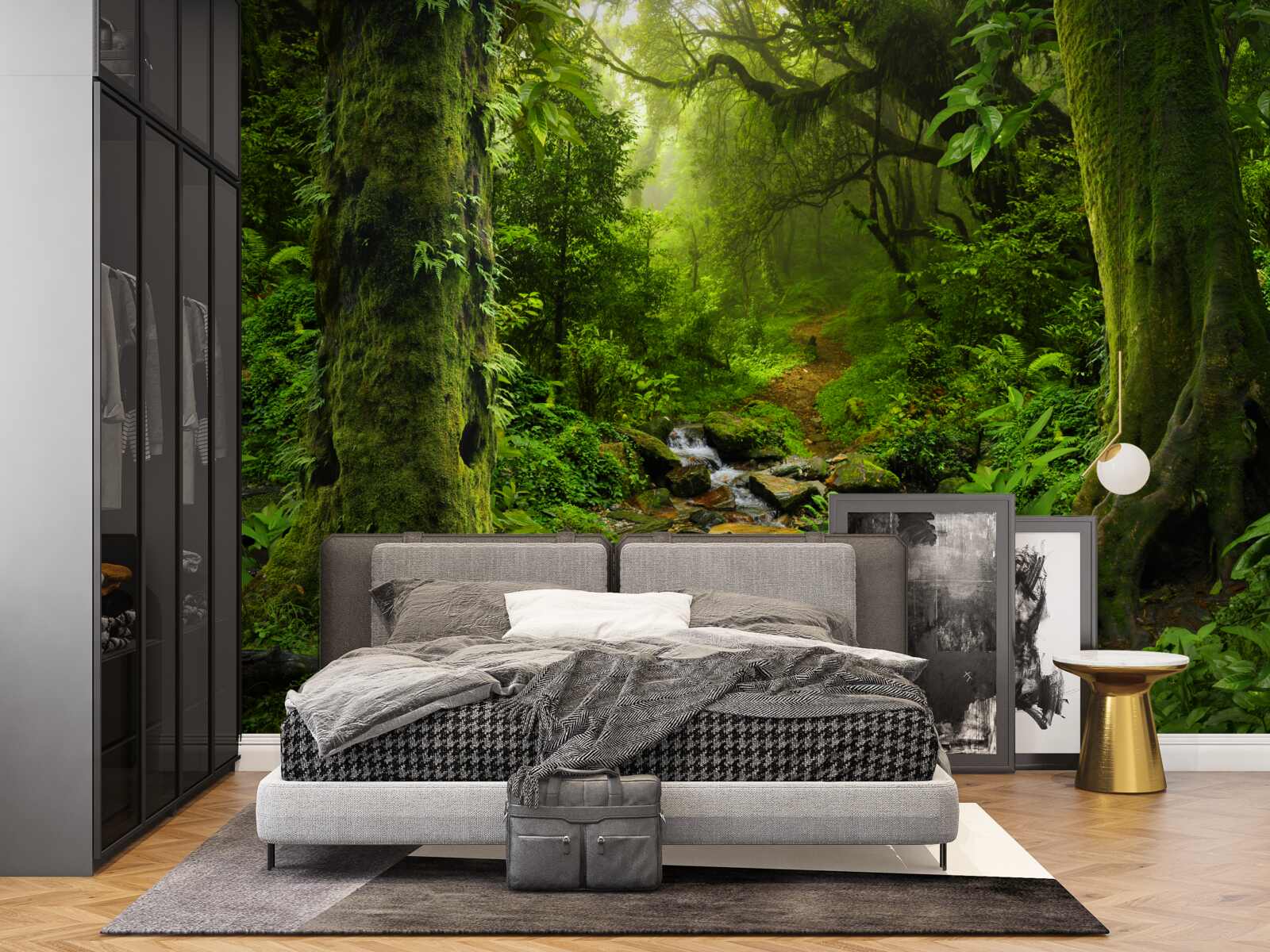 Fotobehang Dageraad boven een waterval midden in het bos