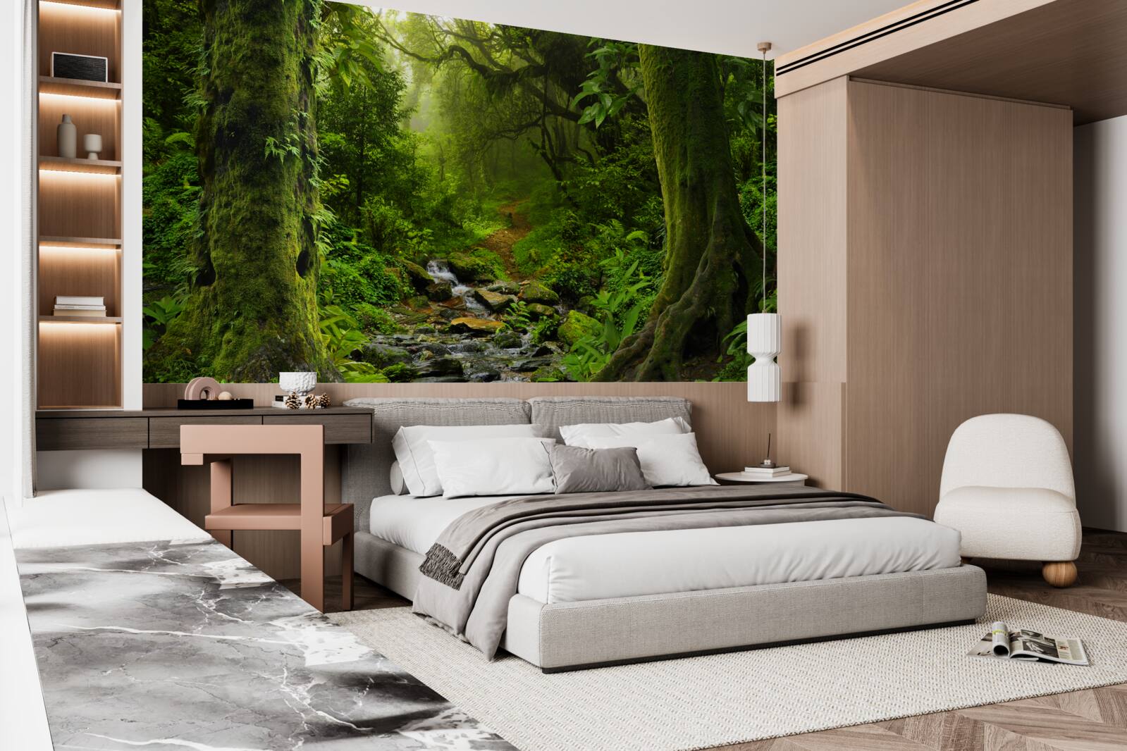 Fotobehang Dageraad boven een waterval midden in het bos