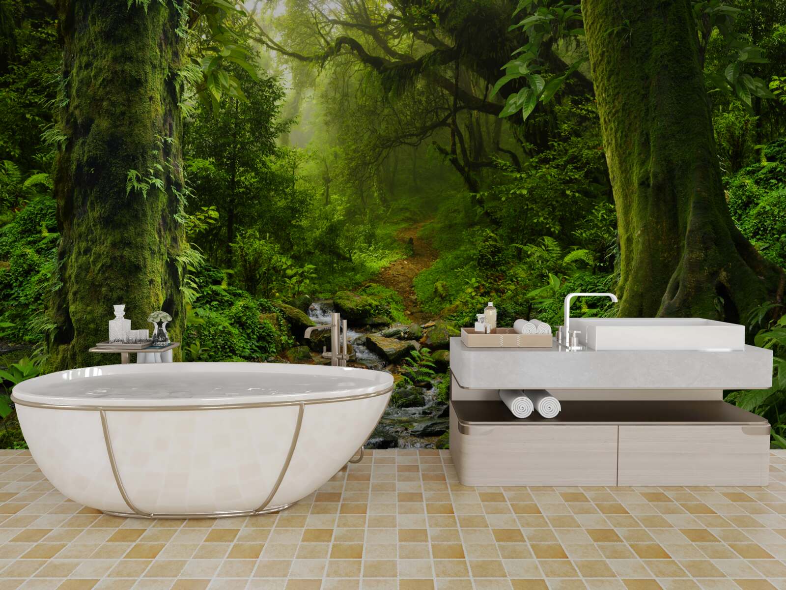 Fotobehang Dageraad boven een waterval midden in het bos