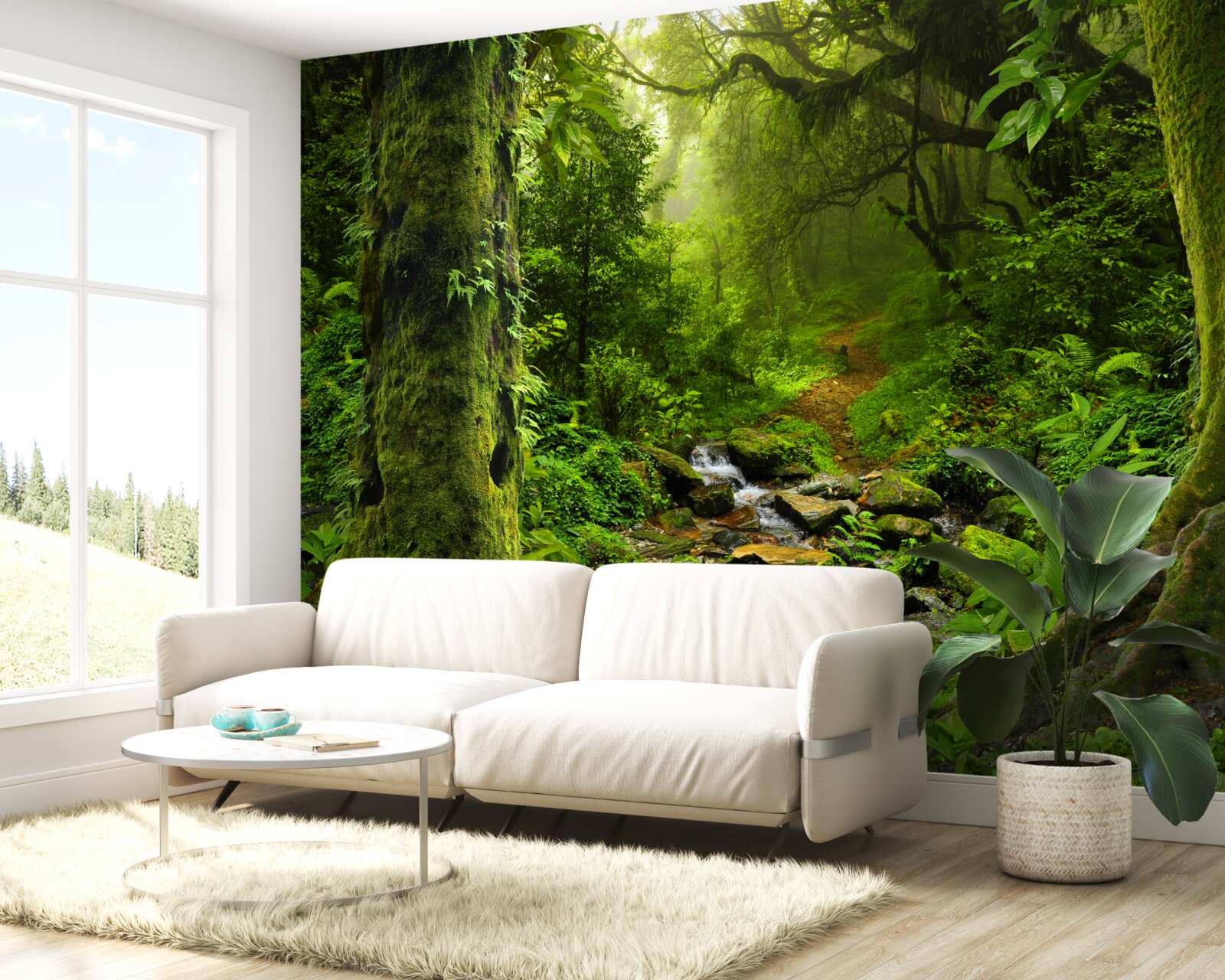 Fotobehang Dageraad boven een waterval midden in het bos