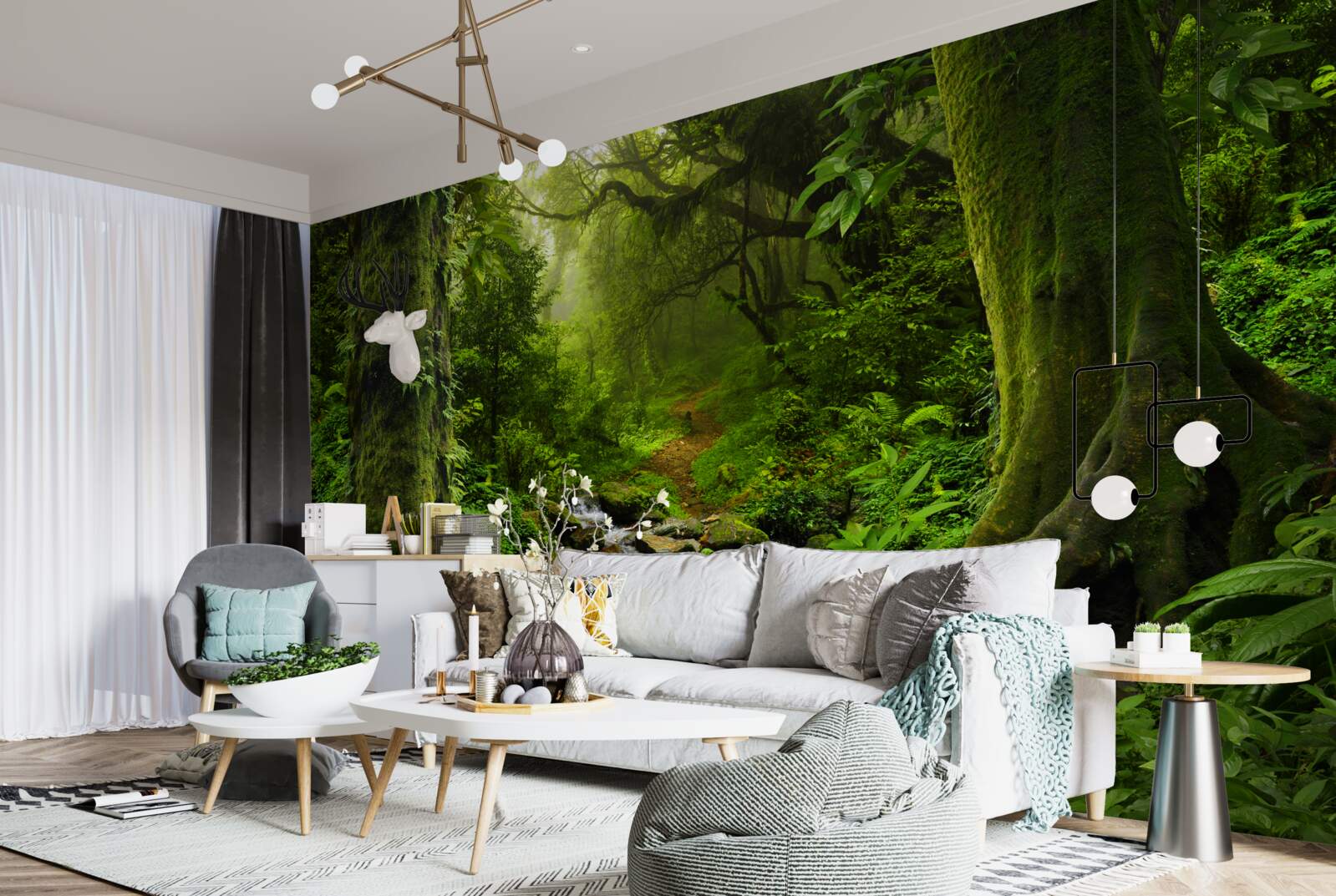 Fotobehang Dageraad boven een waterval midden in het bos