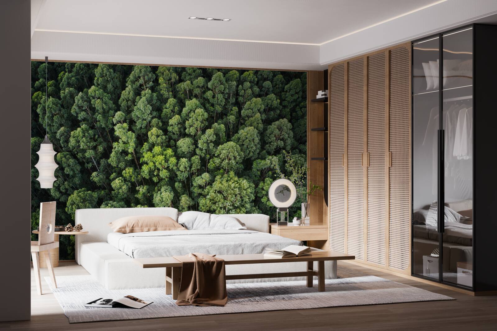 Fotobehang bosbomen met groene kronen