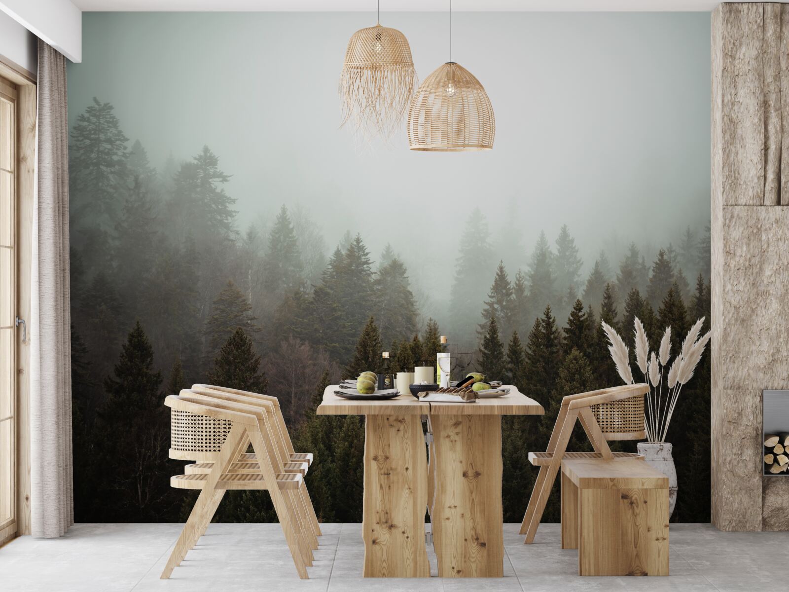 Fotobehang heldere zonsopgang te midden van een mistig naaldbos