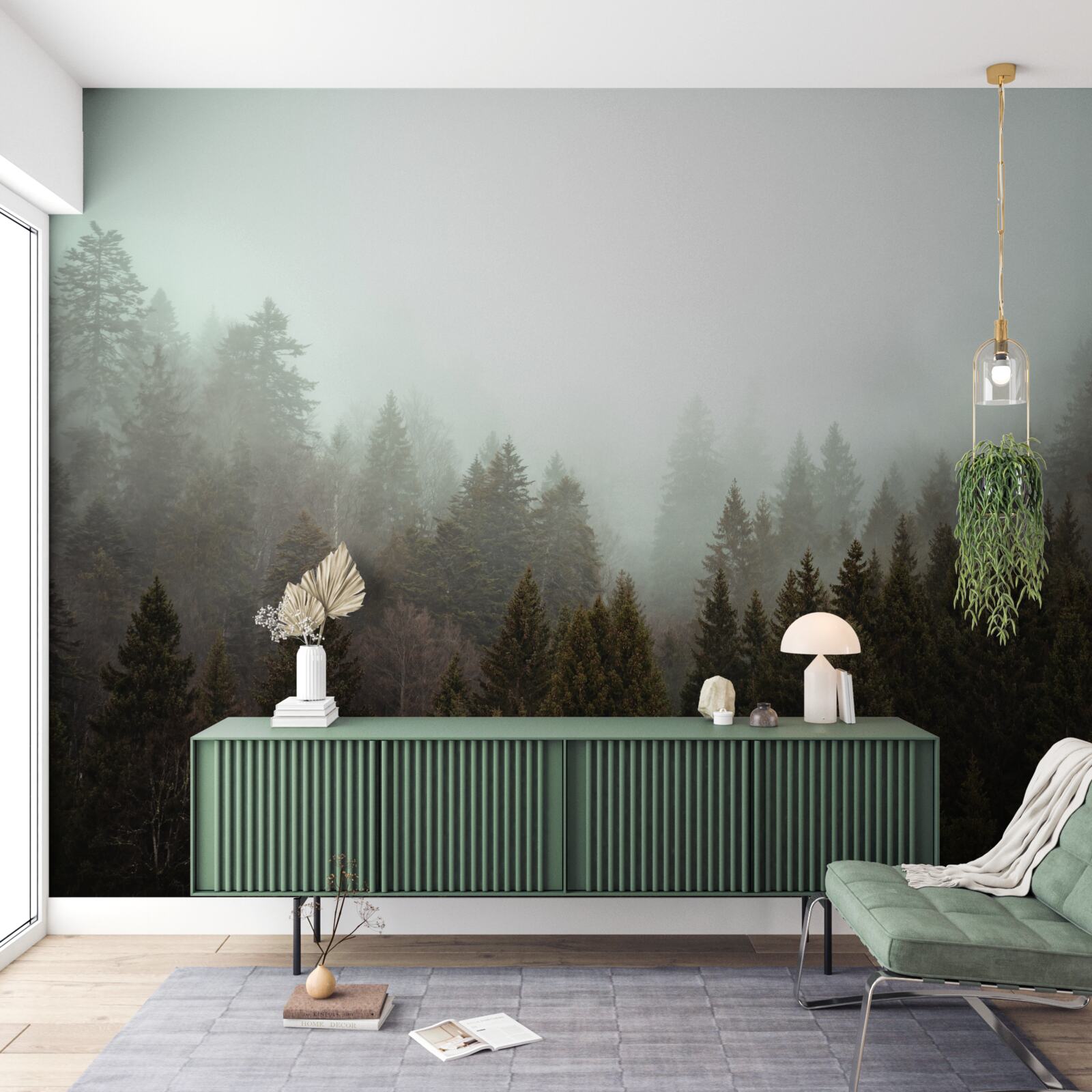 Fotobehang heldere zonsopgang te midden van een mistig naaldbos