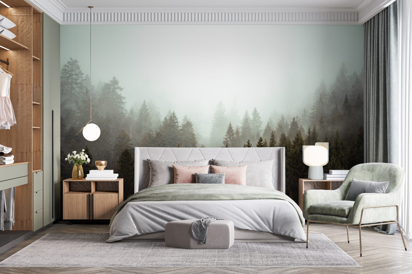 Fotobehang heldere zonsopgang te midden van een mistig naaldbos