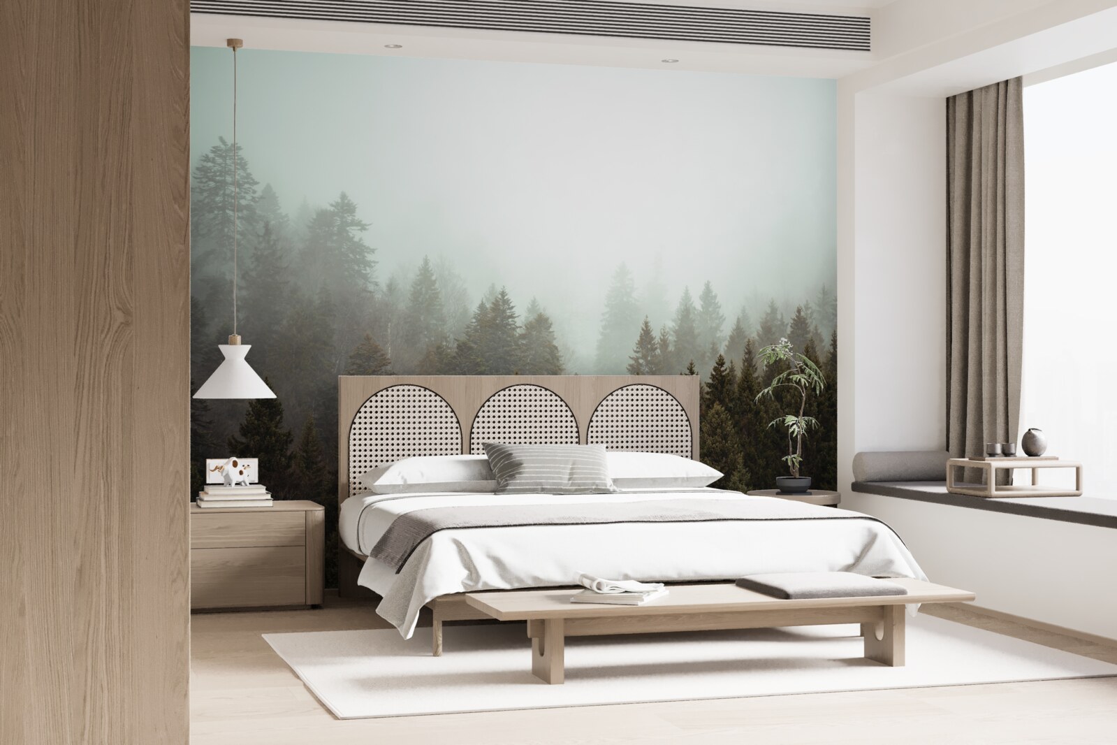 Fotobehang heldere zonsopgang te midden van een mistig naaldbos