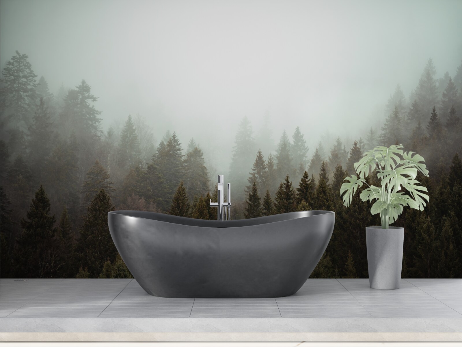 Fotobehang heldere zonsopgang te midden van een mistig naaldbos