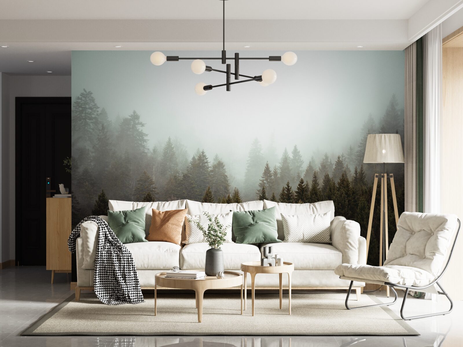 Fotobehang heldere zonsopgang te midden van een mistig naaldbos