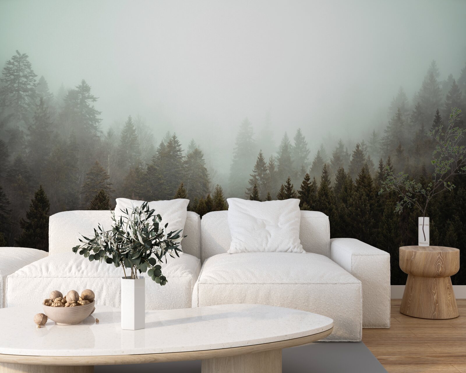 Fotobehang heldere zonsopgang te midden van een mistig naaldbos