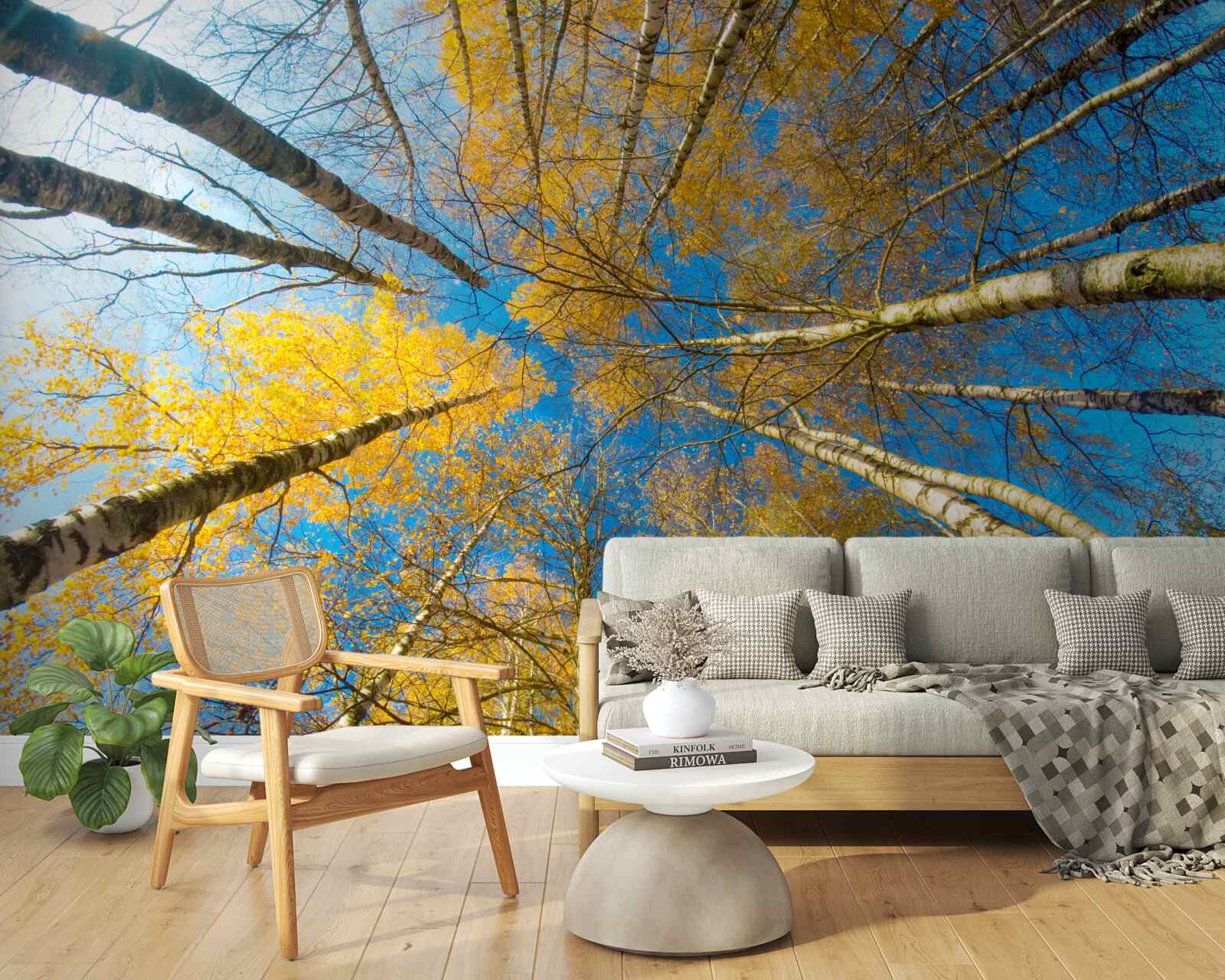 Fotobehang de toppen van hoge bomen zijn geel geschilderd