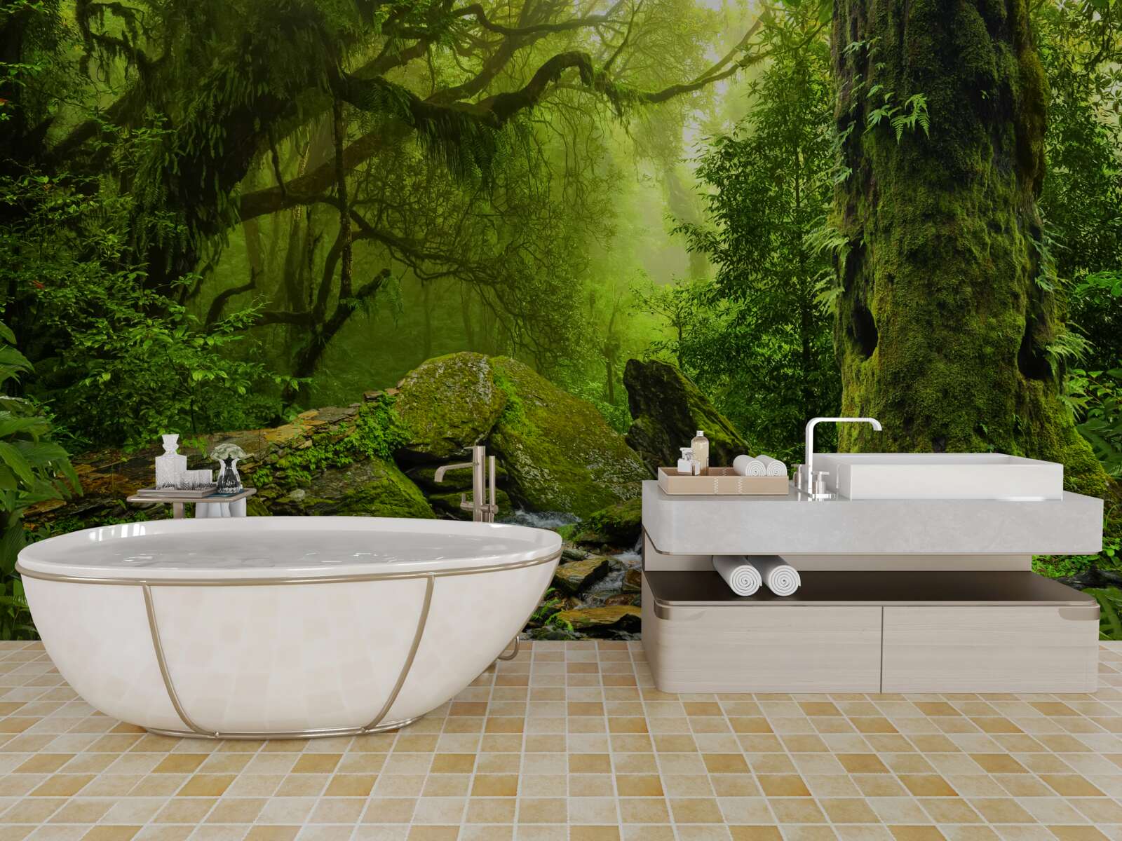 Fotobehang groen bos met een waterval