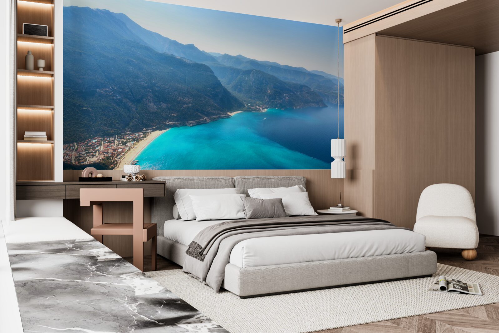 Fotobehang de kustlijn van het skigebied is blauw