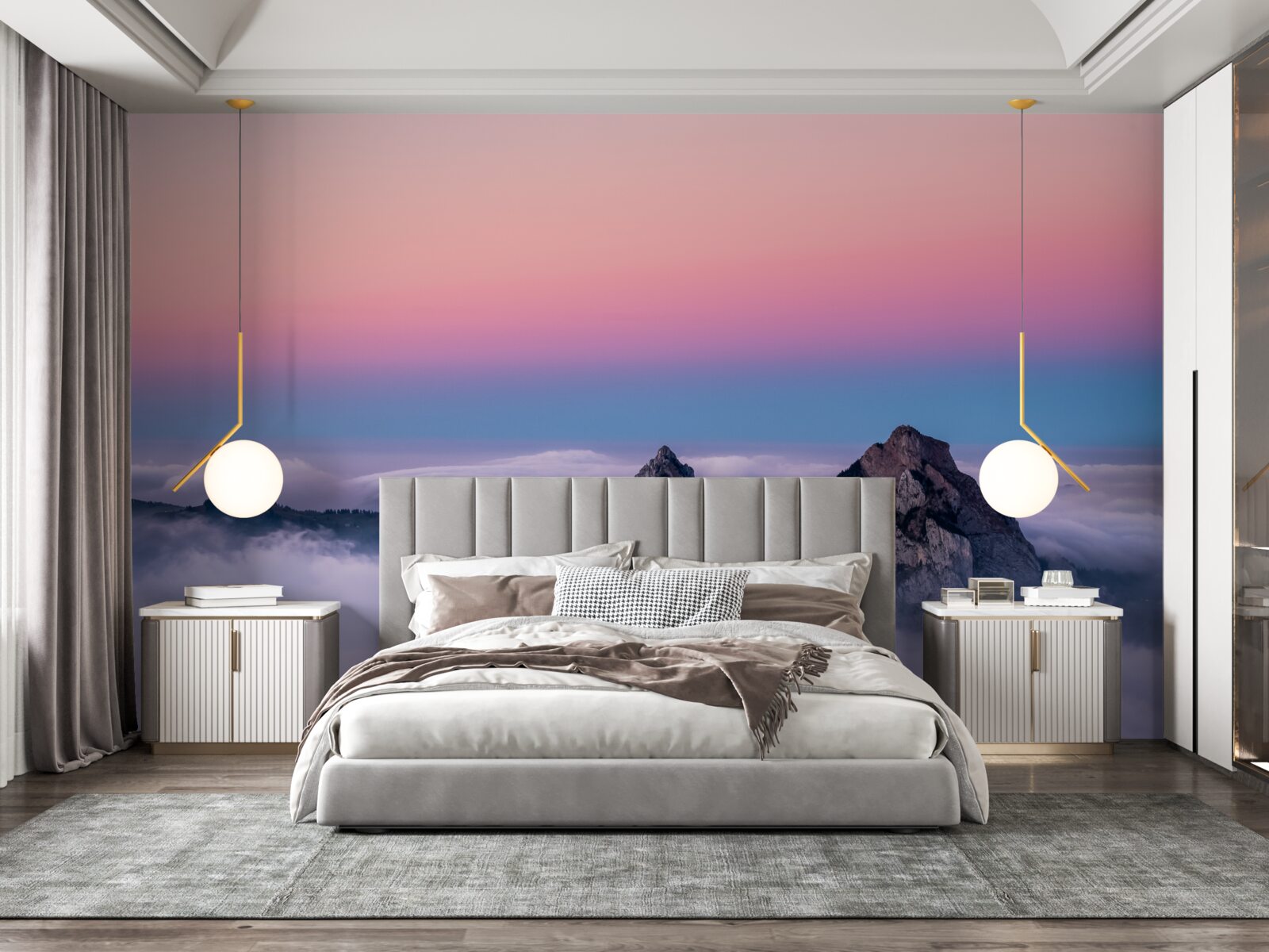 Fotobehang wolkentoppen onder een roze hemel