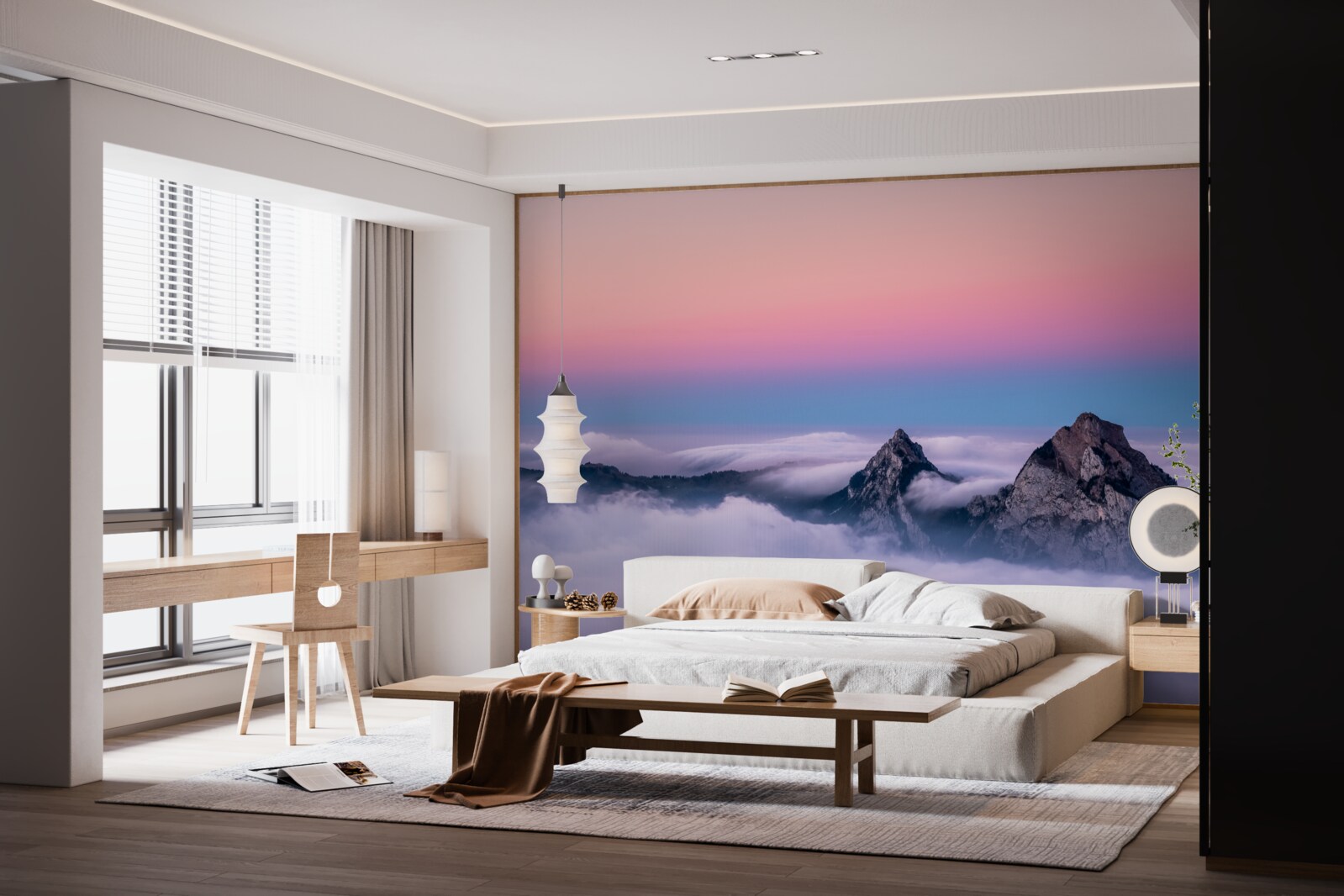 Fotobehang wolkentoppen onder een roze hemel