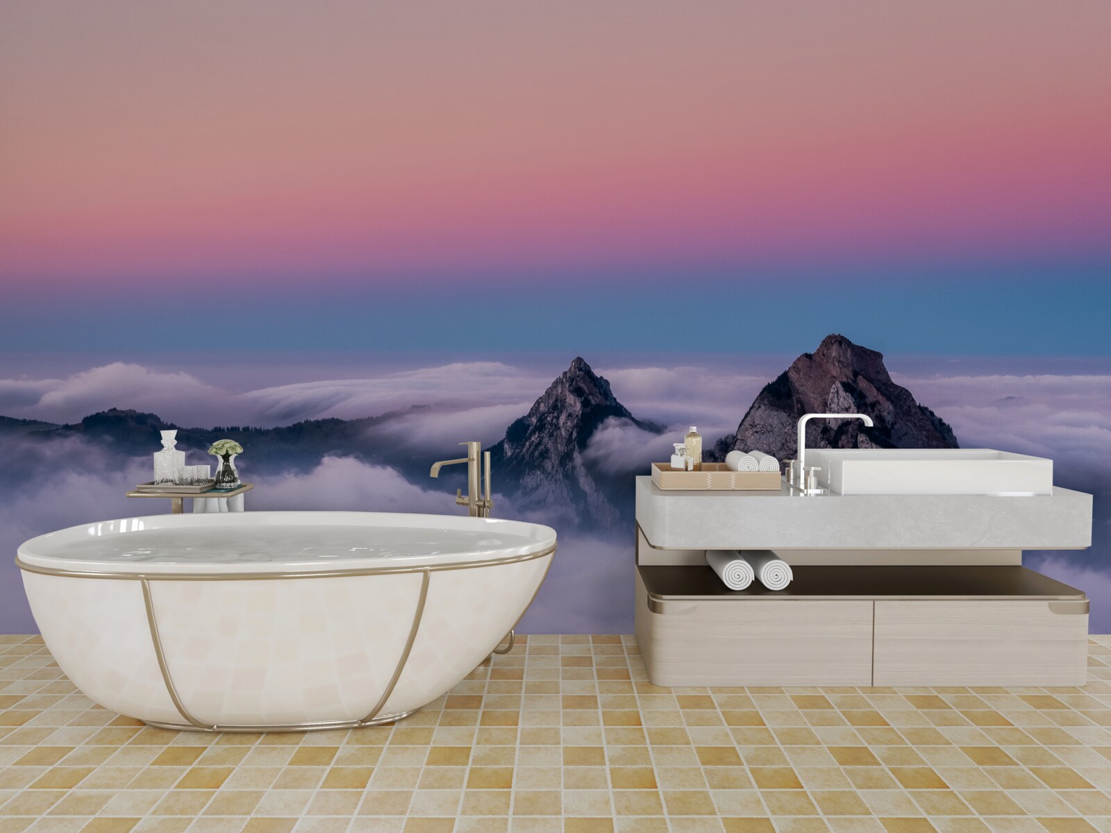 Fotobehang wolkentoppen onder een roze hemel