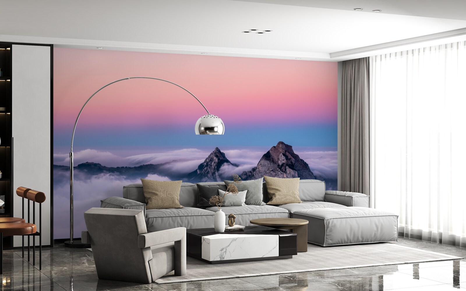 Fotobehang wolkentoppen onder een roze hemel