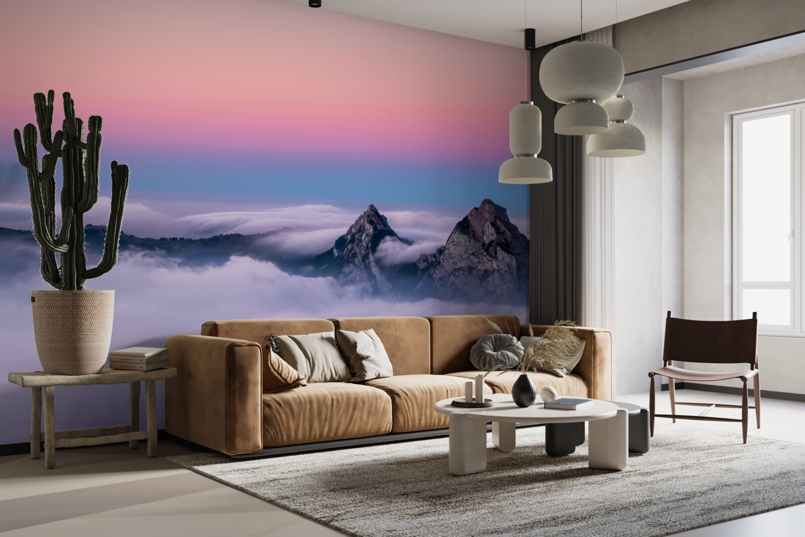 Fotobehang wolkentoppen onder een roze hemel