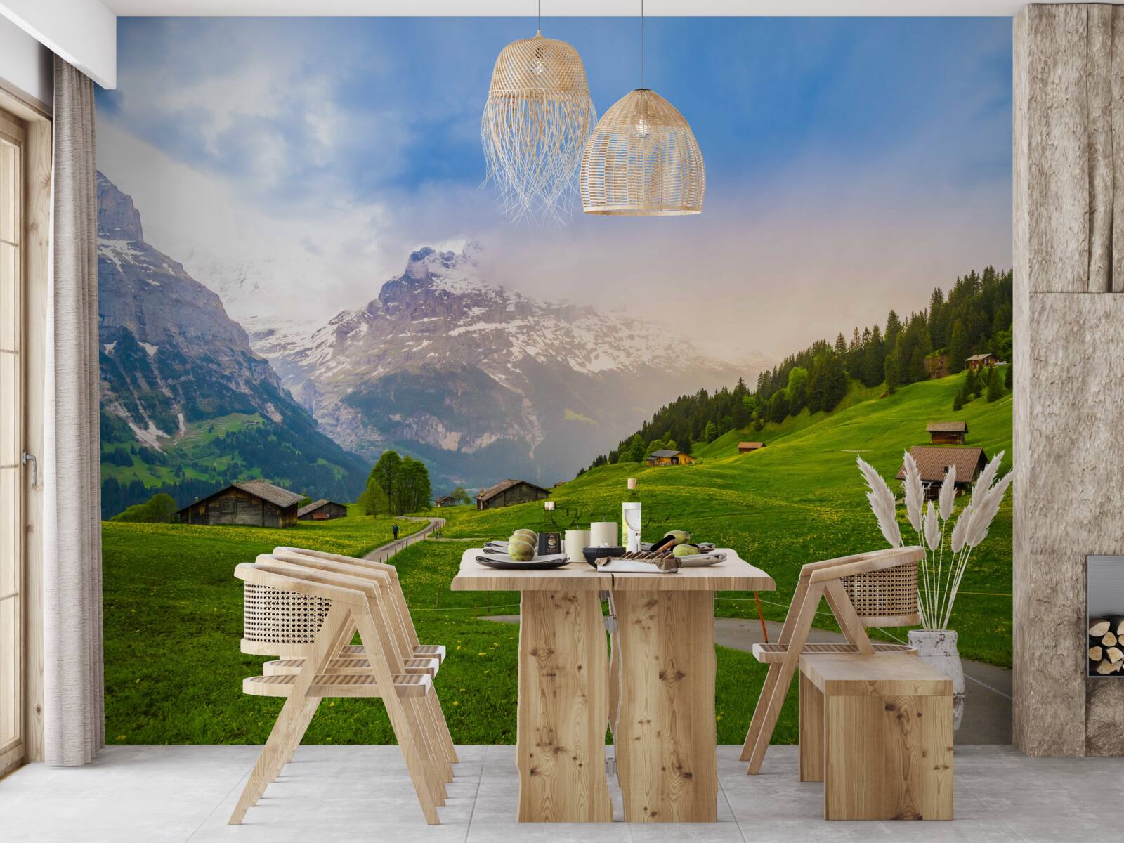 Fotobehang Pad door groene gletsjers naar de bergen