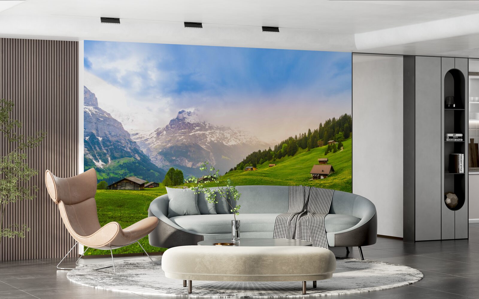 Fotobehang Pad door groene gletsjers naar de bergen