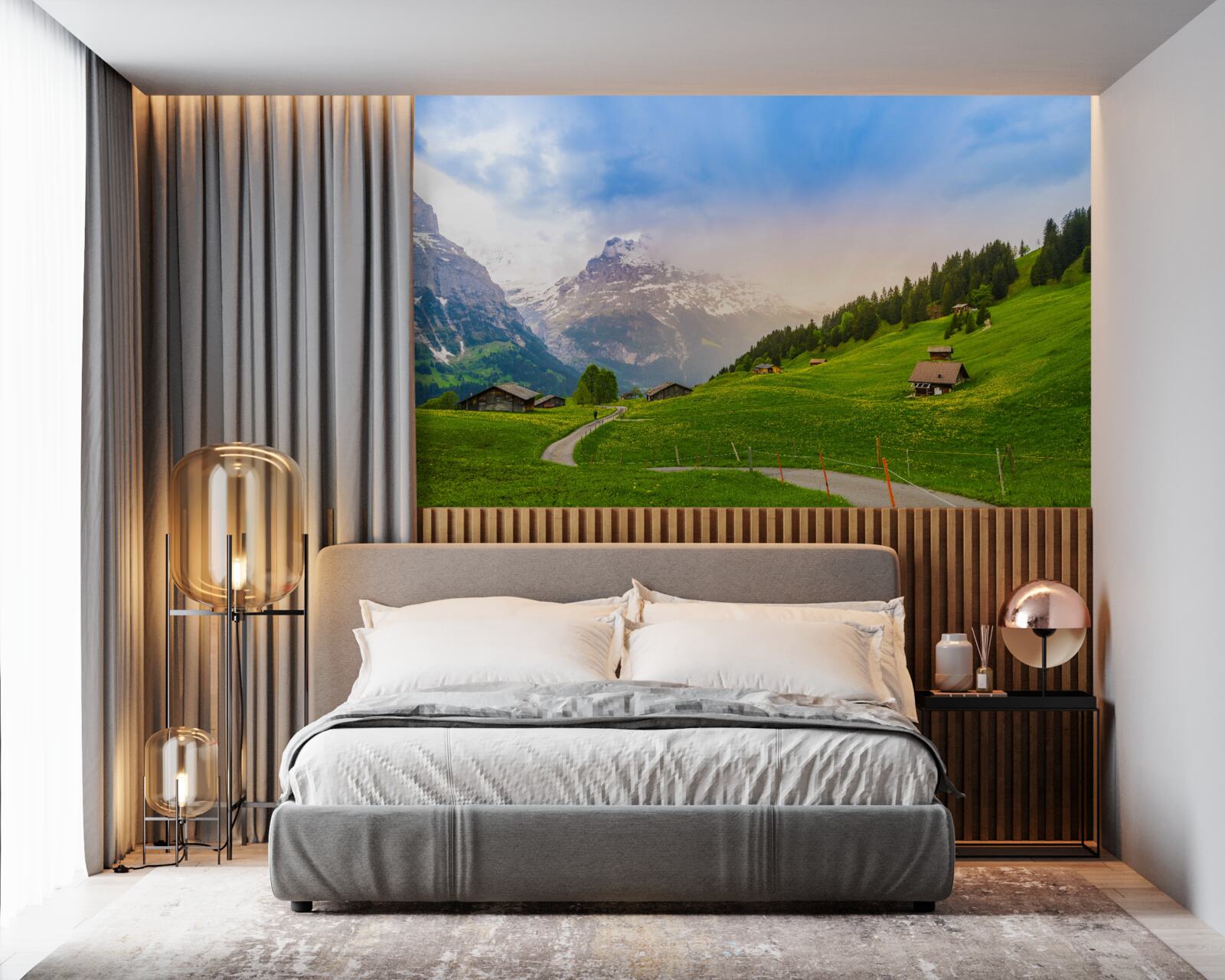 Fotobehang Pad door groene gletsjers naar de bergen