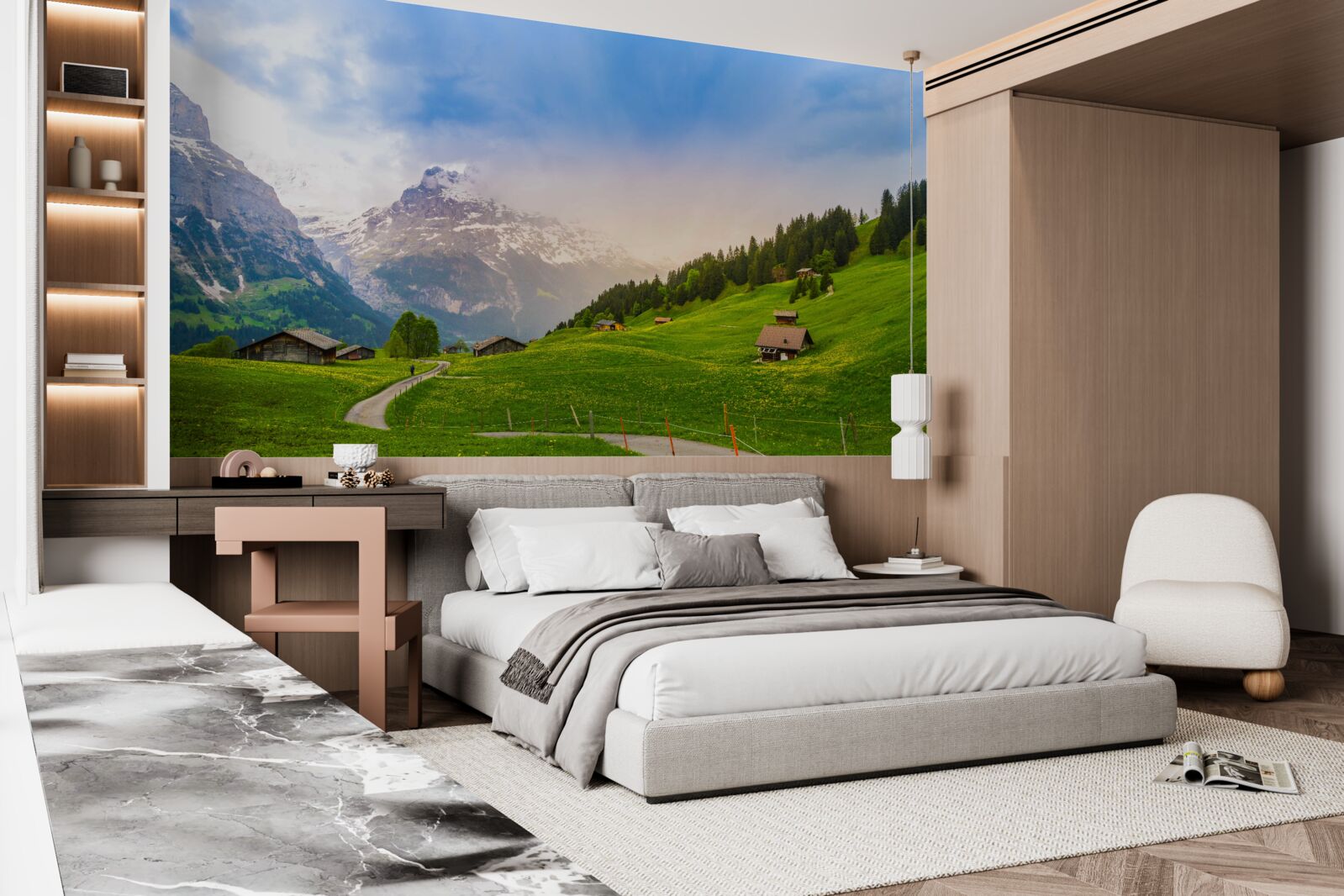 Fotobehang Pad door groene gletsjers naar de bergen