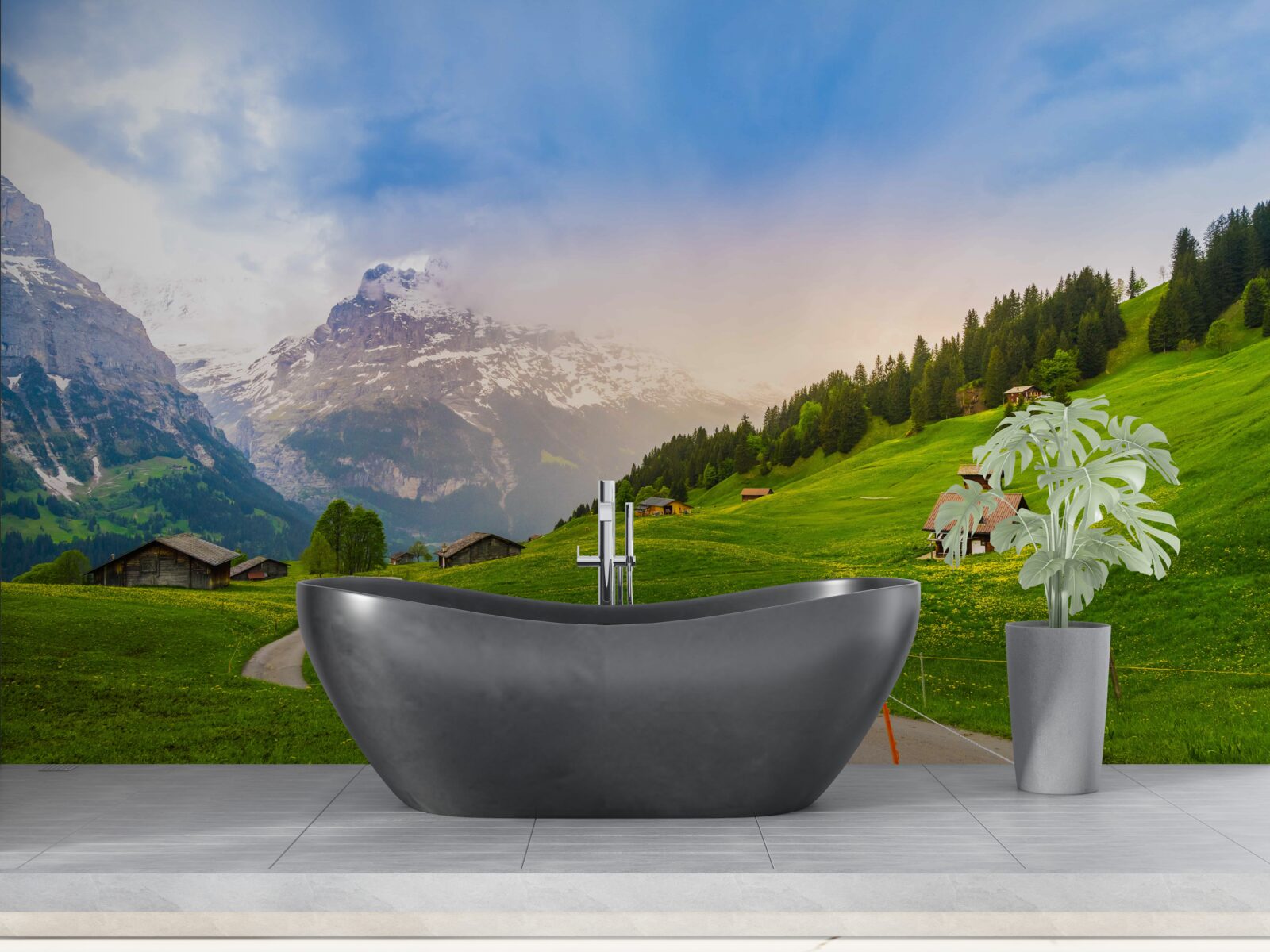 Fotobehang Pad door groene gletsjers naar de bergen