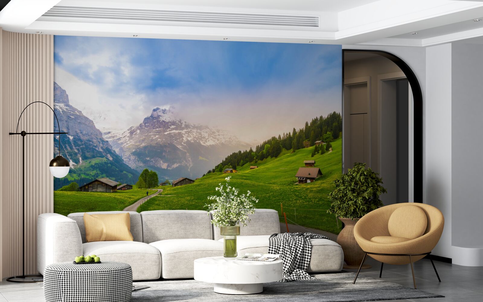 Fotobehang Pad door groene gletsjers naar de bergen