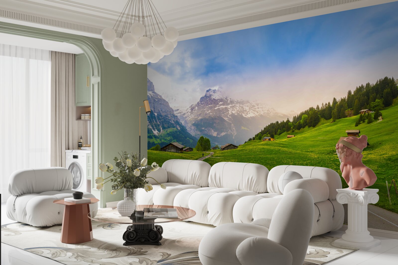 Fotobehang Pad door groene gletsjers naar de bergen