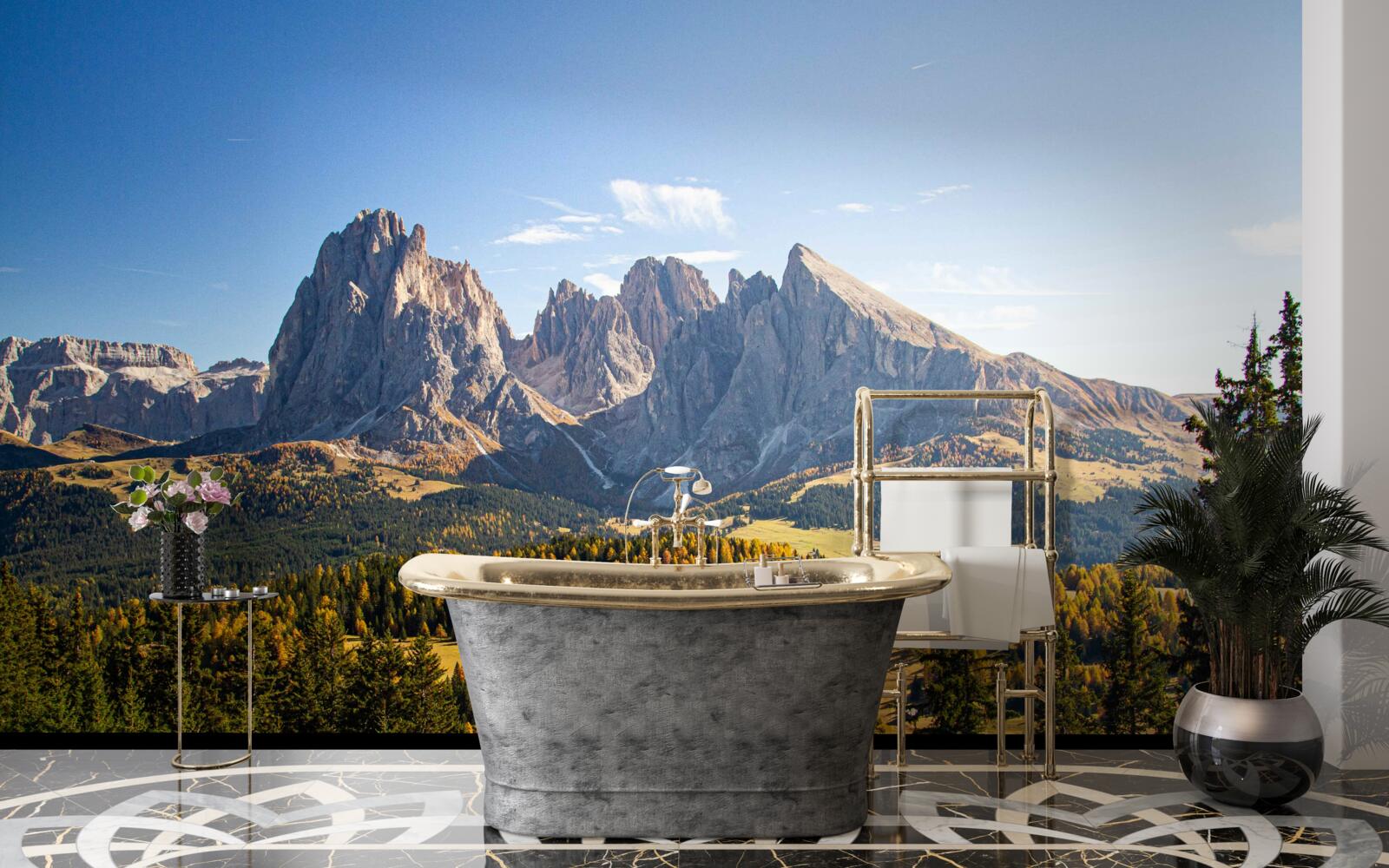 Fotobehang dichte bossen en indrukwekkend langkofelgebergte