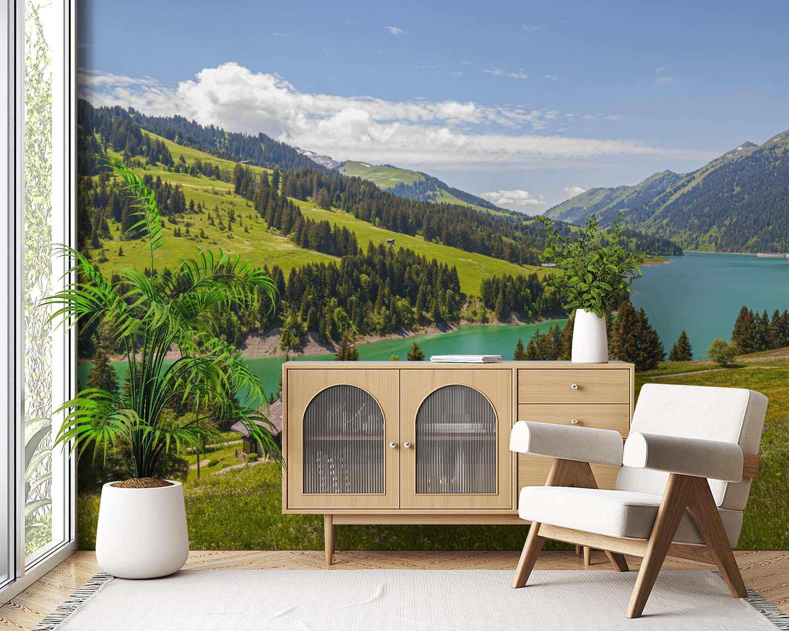 Fotobehang ongren meer met azuurblauw water in de bergen