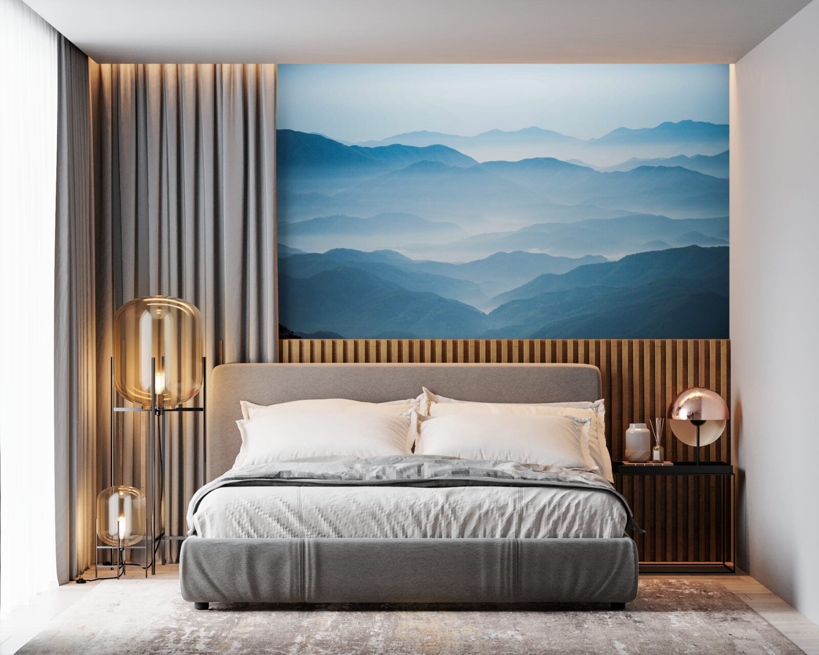 Fotobehang ochtendnevel over de bergtoppen