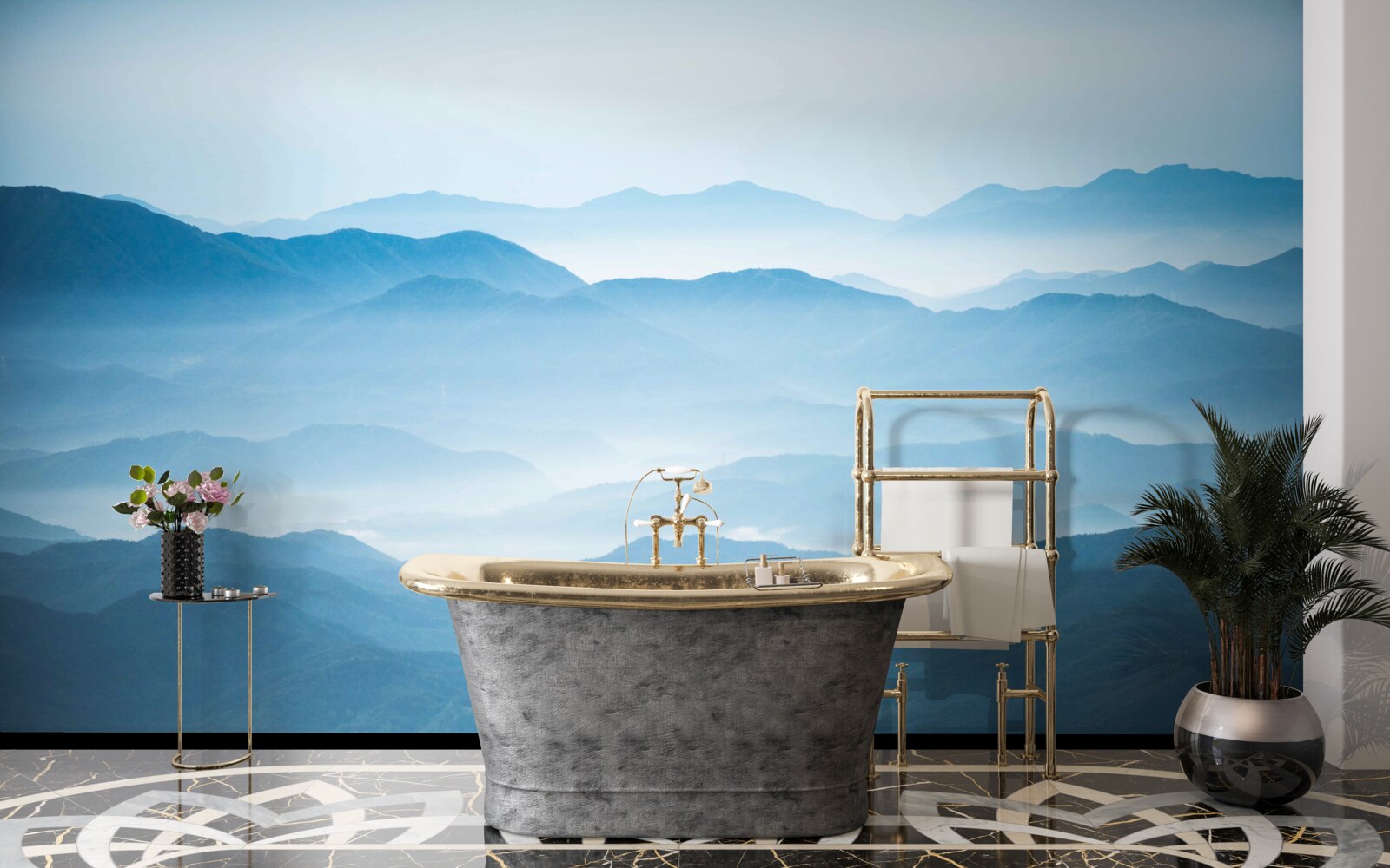 Fotobehang ochtendnevel over de bergtoppen