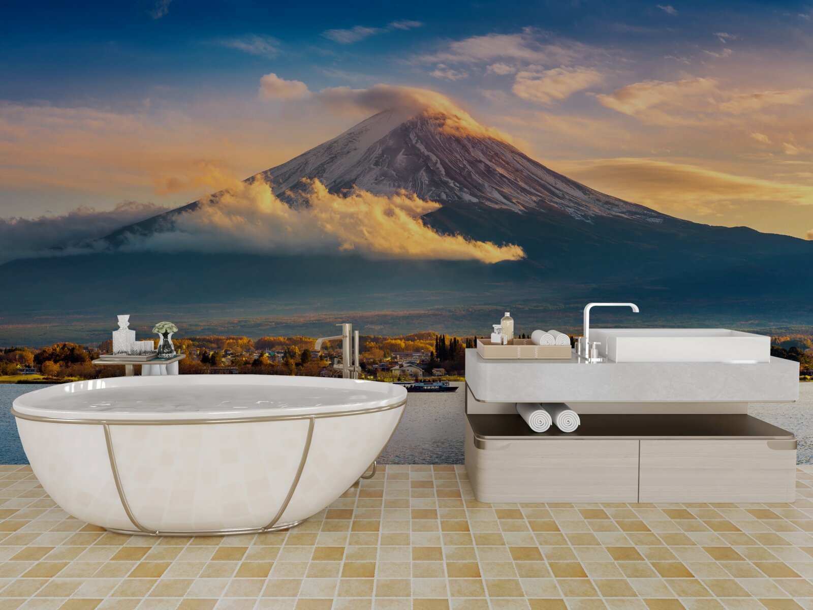 Fotobehang fuji peak is omgeven door dichte mist