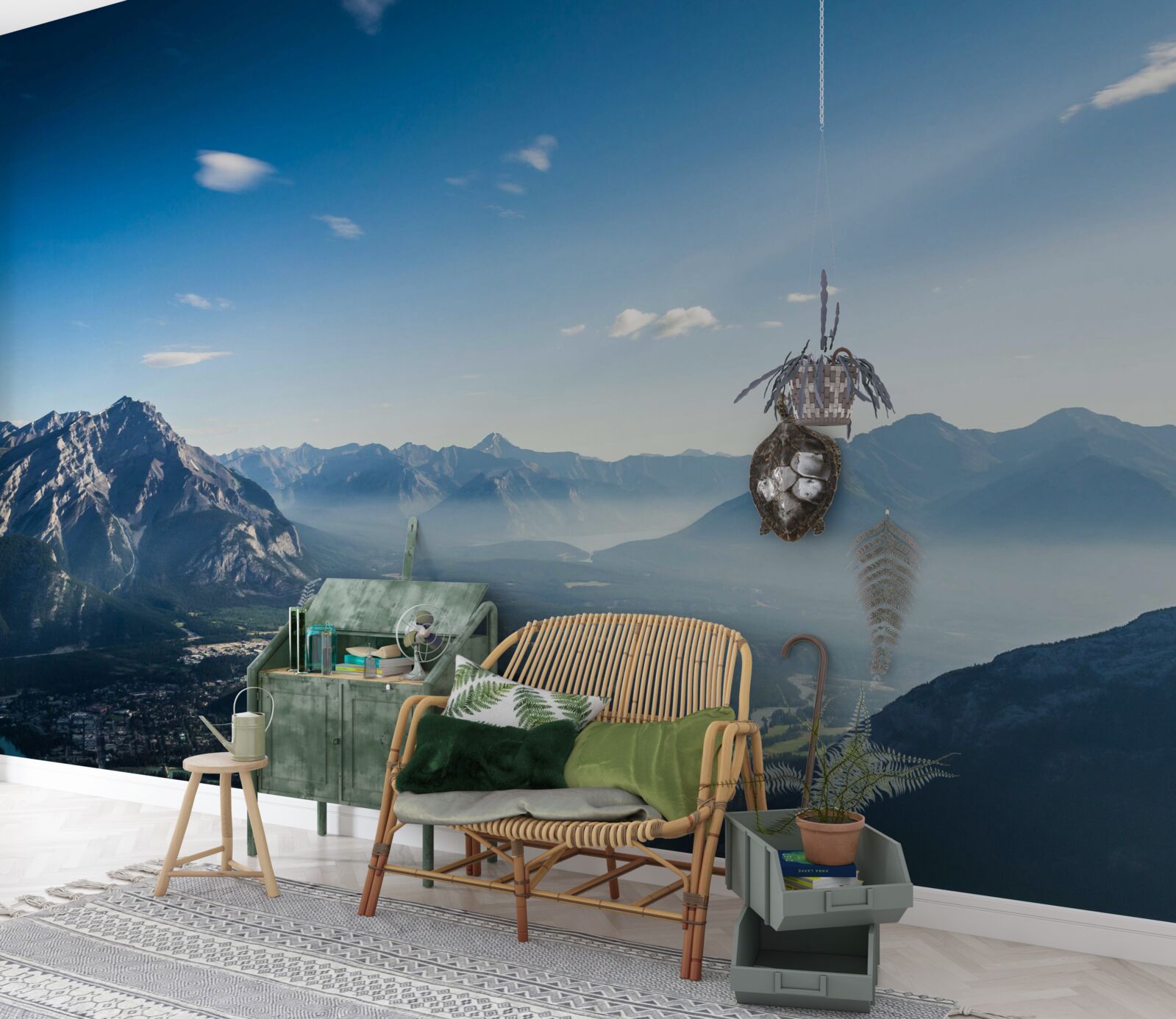 Fotobehang vanaf de toppen van de bergen kun je de uitgestrekte blauwe lucht zien