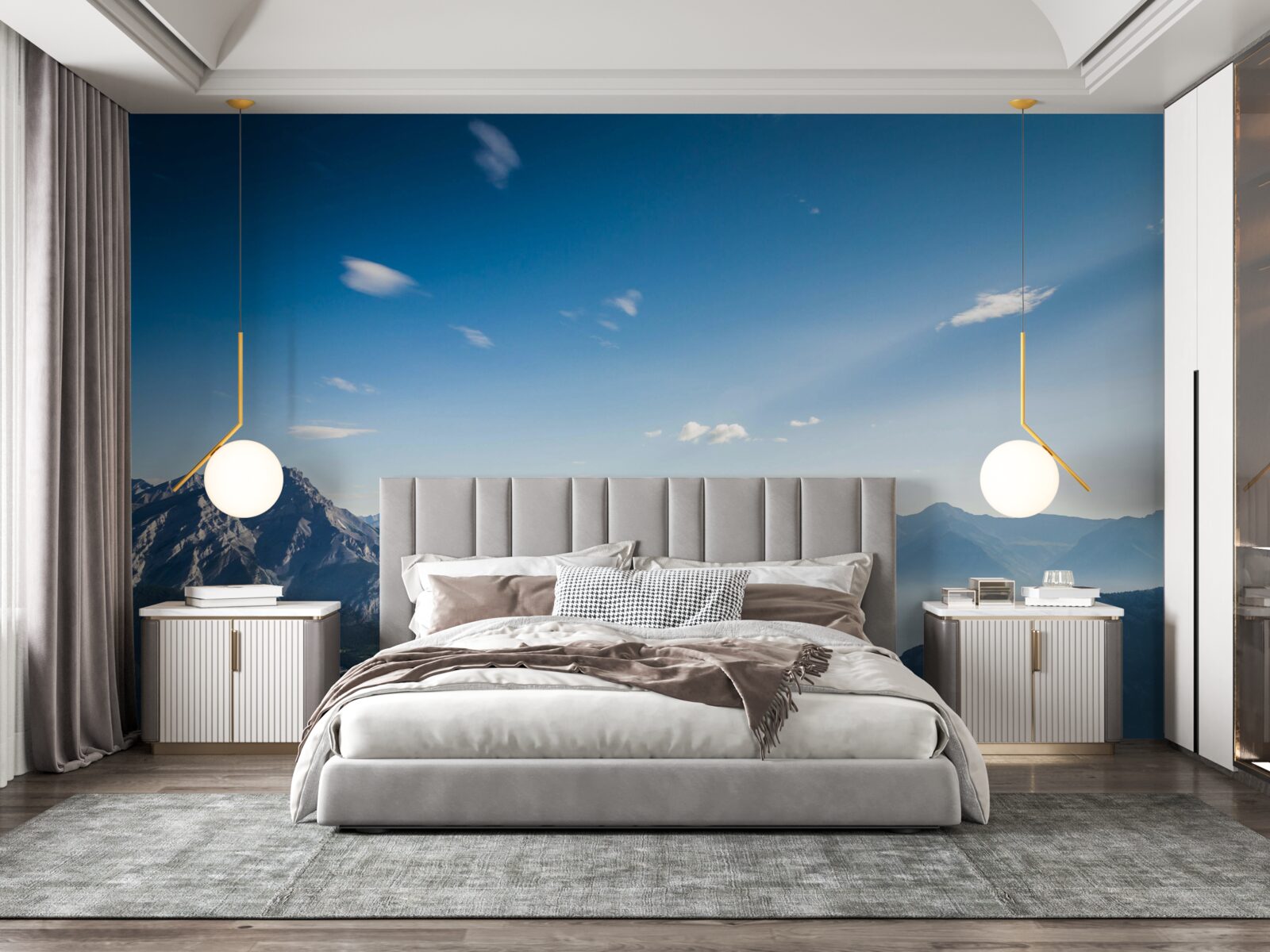 Fotobehang vanaf de toppen van de bergen kun je de uitgestrekte blauwe lucht zien