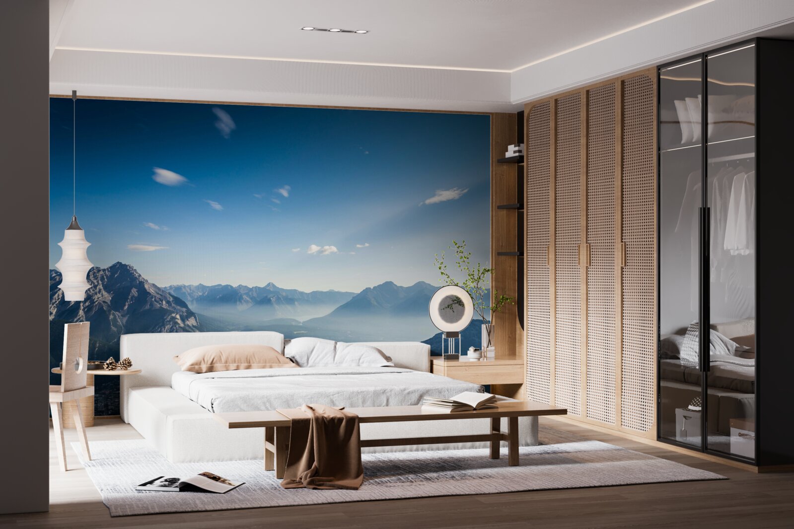 Fotobehang vanaf de toppen van de bergen kun je de uitgestrekte blauwe lucht zien