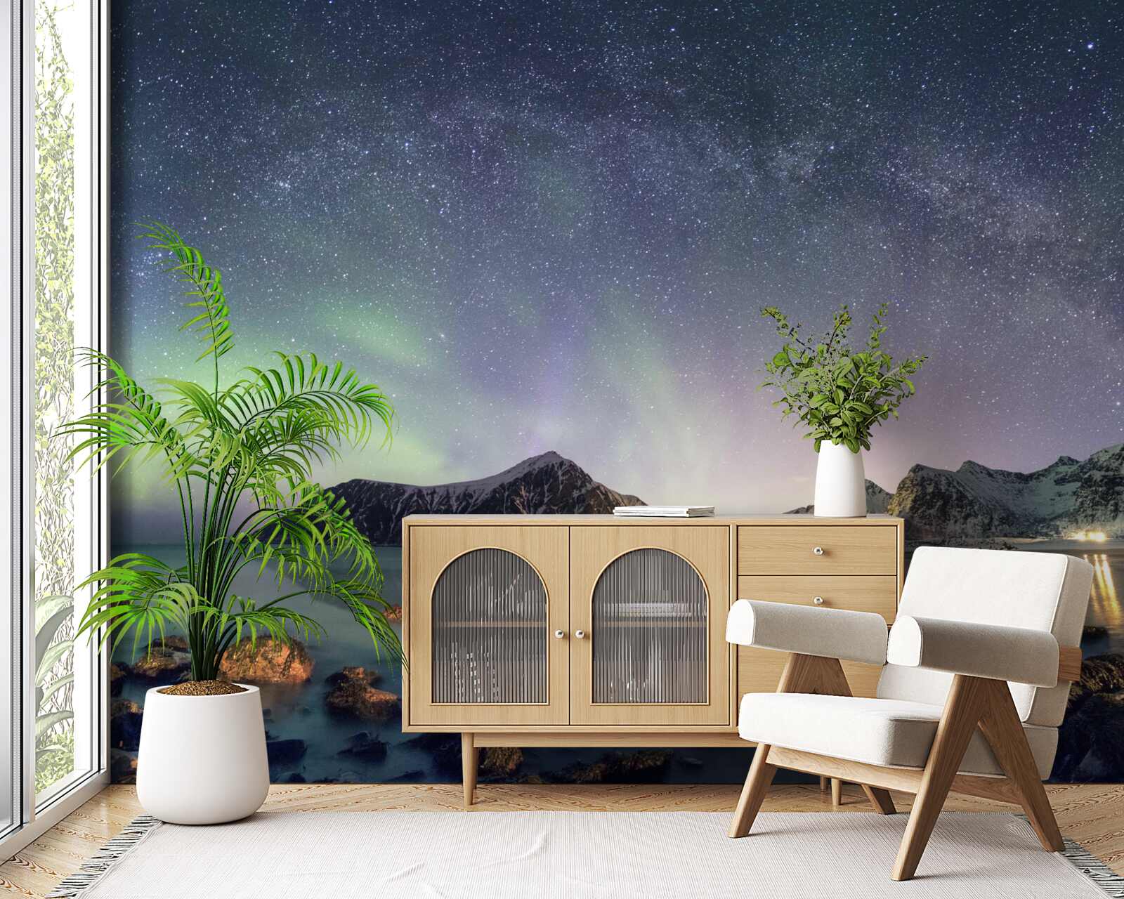 Fotobehang de nachtelijke hemel versierd met sterren en verlicht door de aurora borealis